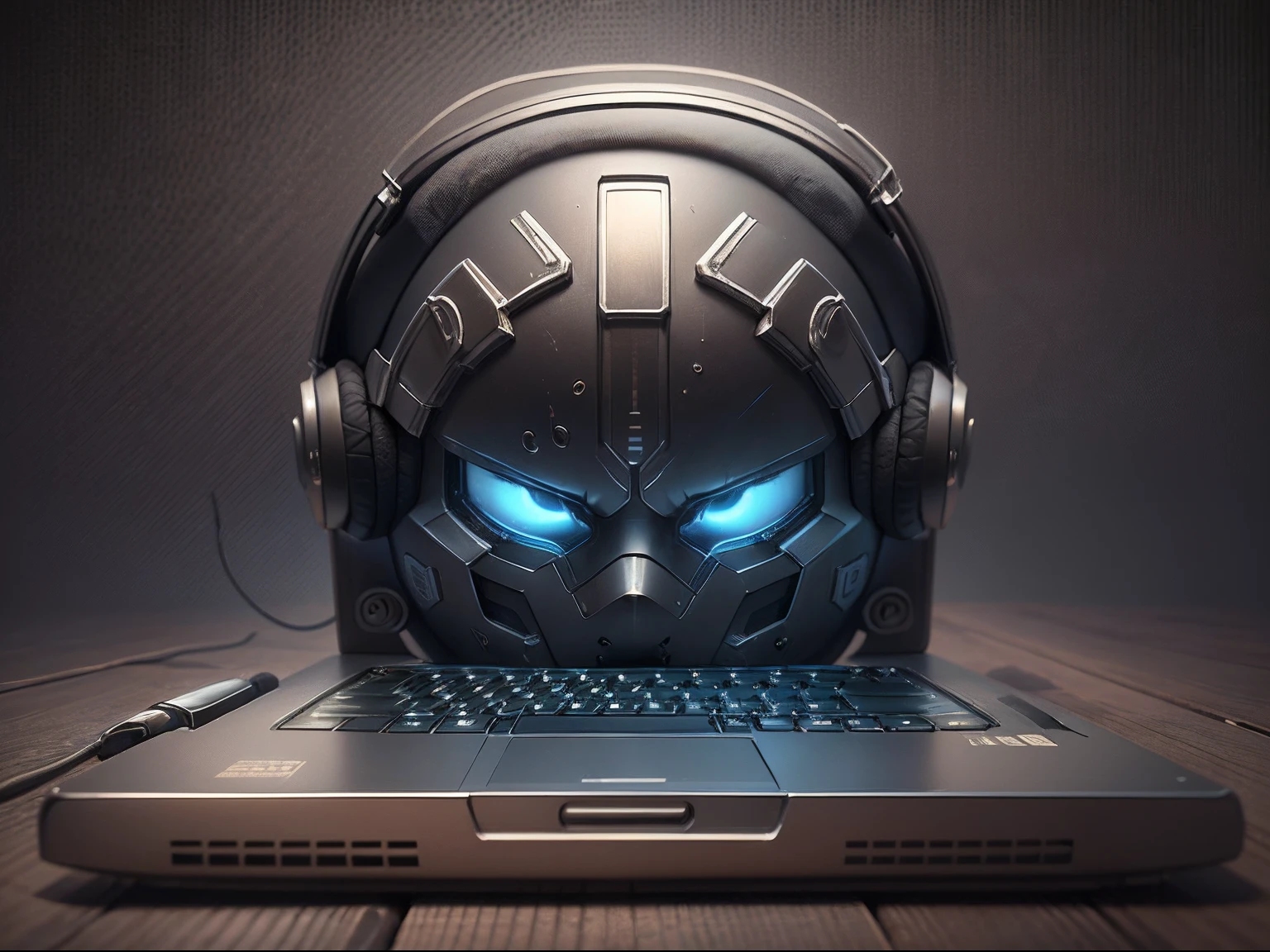 laptop,Metallic pattern,headset on head,Stripe connection,Ambilight,1980's风格,Printed with the product name "the phantom",ultra-realistic realism,Authentic texture,misty background,tmasterpiece,4K,photorealestic,Realiy
