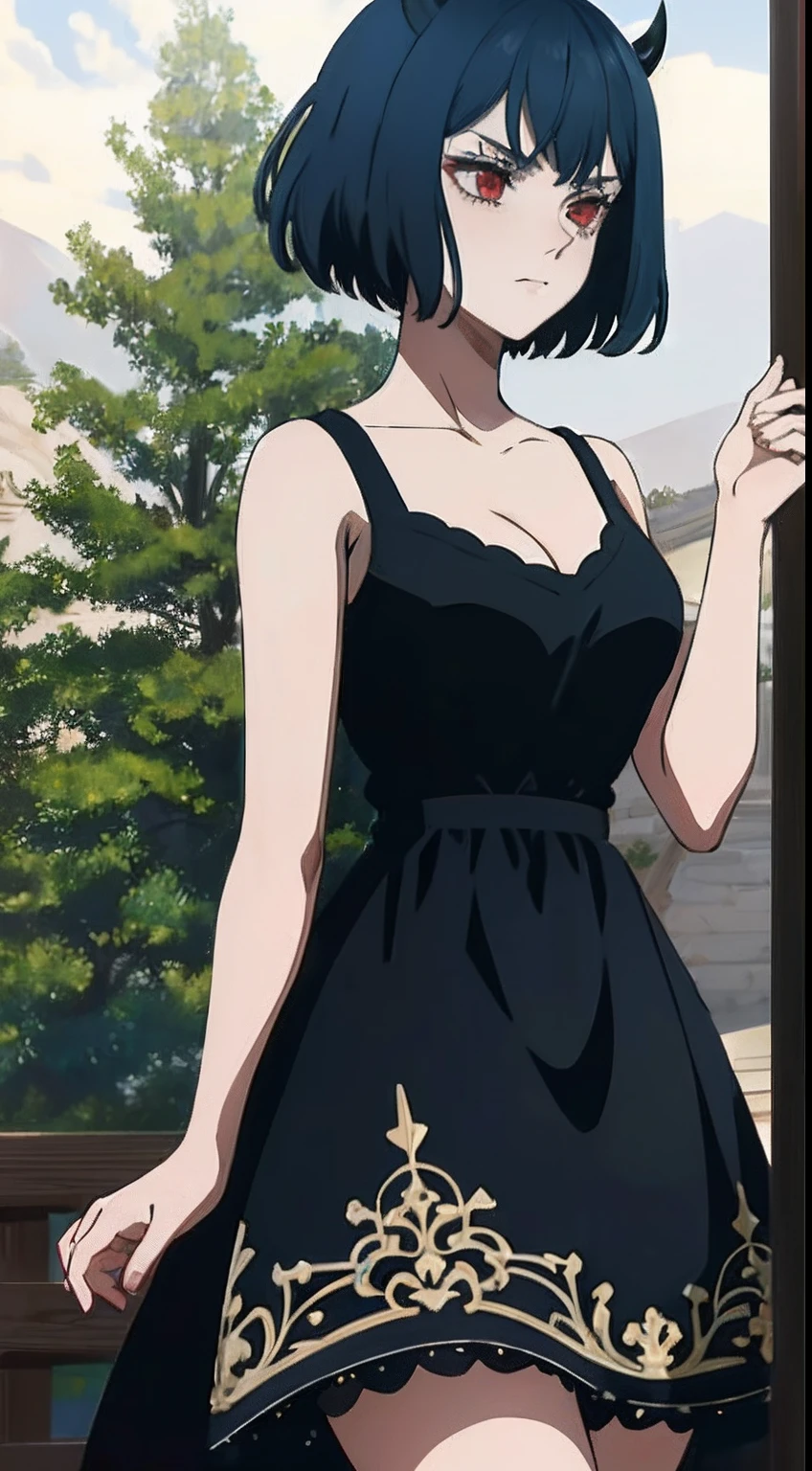 (masterpiece, best quality), intricate details, 1girl, solo, Nero, black hair, short hair, ahoge, red eyes, horns, outdoors, tank top dress, black dress, cleavage, expressionless, looking at viewer,