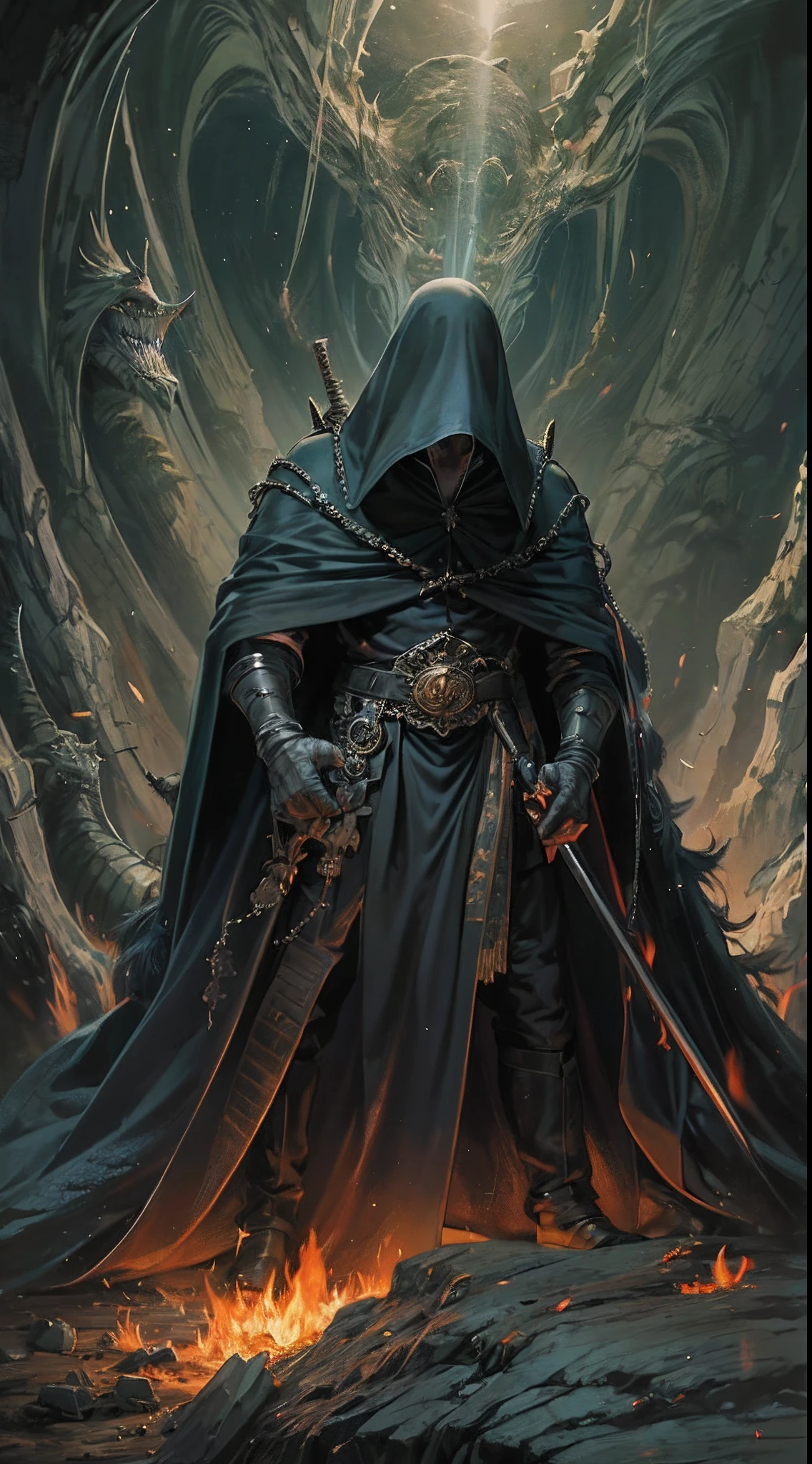 ultra detallado, beautiful and aesthetic, Beautiful, obra maestra , misterio , atmospheric , genial , sobrenatural , La mejor calidad , cueva , 1 hombre , 1 demonic monster , monstruo muy grande , Hombre matando monstruo , The man has a long black hooded robe , He can use magic , El monstruo tiene un cuerno muy grande , Monstruo respira hacer fuego , El hombre tiene una gran espada brillante , fantasy sword , 4 Little monster around the big monster , Magma alrededor del campo de batalla , The battlefield is in Cavern , Toda la cuevaa en llamas , La espada del hombre brilla , Acantilado de mayo y roca en Caverna , Caverna en llamas , (Caverna ultra detallada) , (Magma ultra detallado) , (Cara de hombre ultra detallada) , (Espada ultra detallada) , (Monstruo ultra detallado)