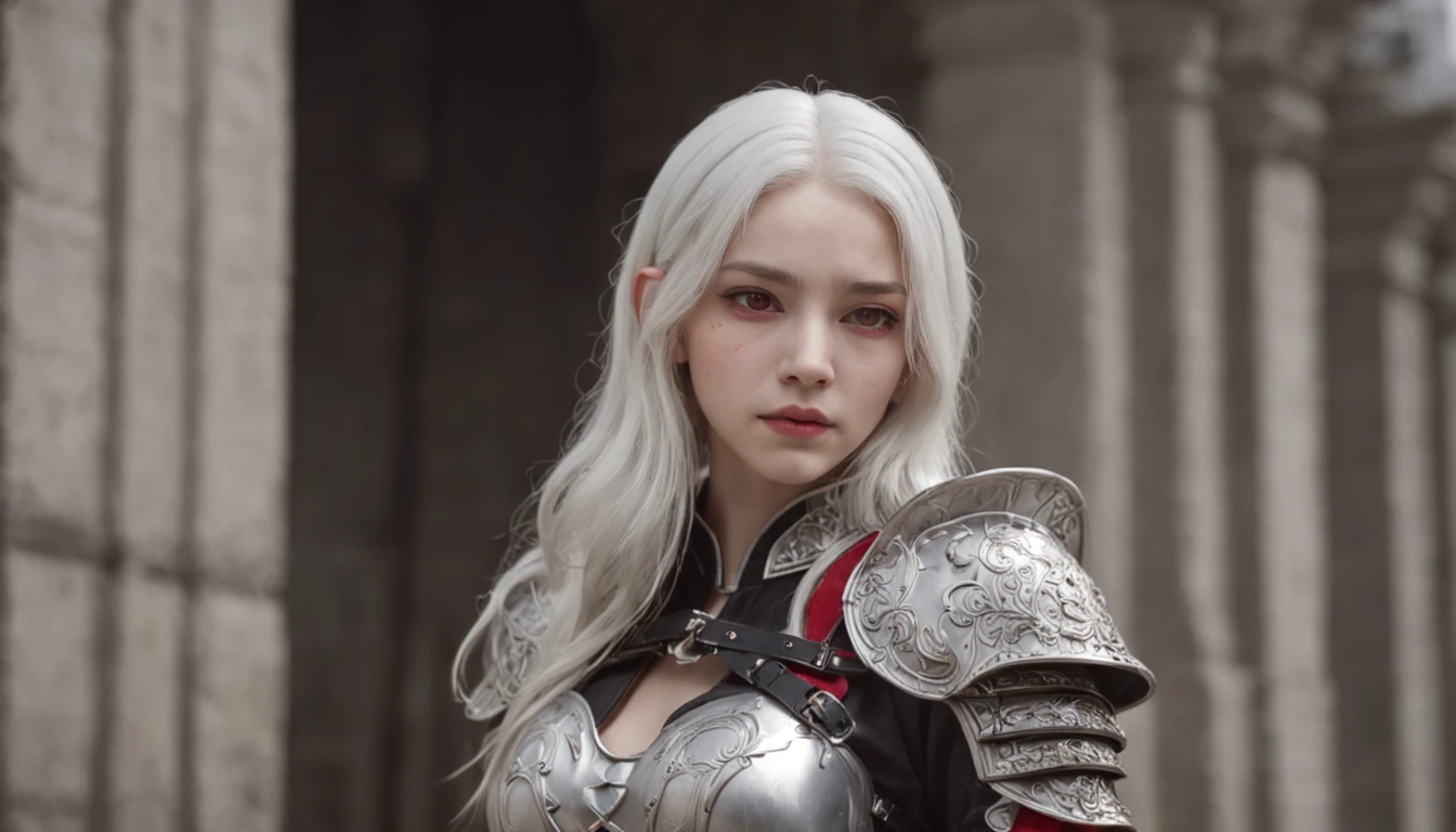 A teenage girl，White hair and red eyes，long whitr hair，Original Character、fantasy concept art、Best shadow、shallowdepthoffield、Portrait of a noble knight、Dignified、Sad expression，streaming tears，Sophisticated tactical heavy armor、Tassel waistband、Hand Guard、Pauline、High quality armor texture，Stand up，Kneel on one knee，overcast day，Snow，（HighestQuali，astonishing detail：1.25），（独奏：1.3），Brilliant and colorful paintings