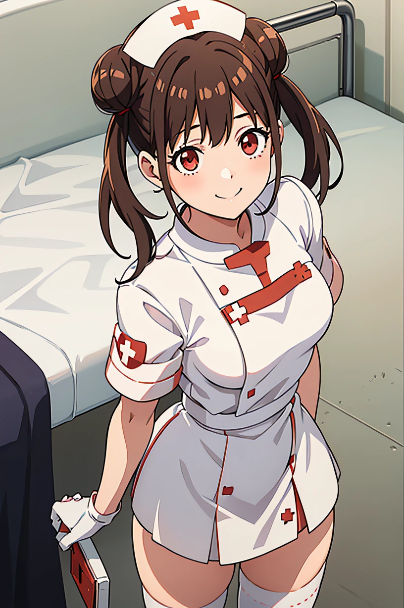 sonoda chiyoko, twintails, double bun, red eyes, solo, Nurse, ((White nurse cap, White nurse uniform)), ((White legwear, zettai ryouiki)), White Gloves, Smile, Standing, ((Hospital room)), sharp outline, Short sleeves, Best Quality, masutepiece