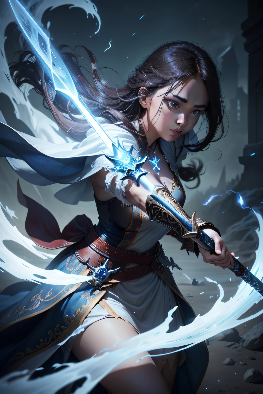 Masterpiece, realistis, high detailed, realistic cloth texture, realistic skin texture, closed eyes, partical elements, fighting pose, bennedetta from mobile legends, realistic skin, realistic hair, large breast