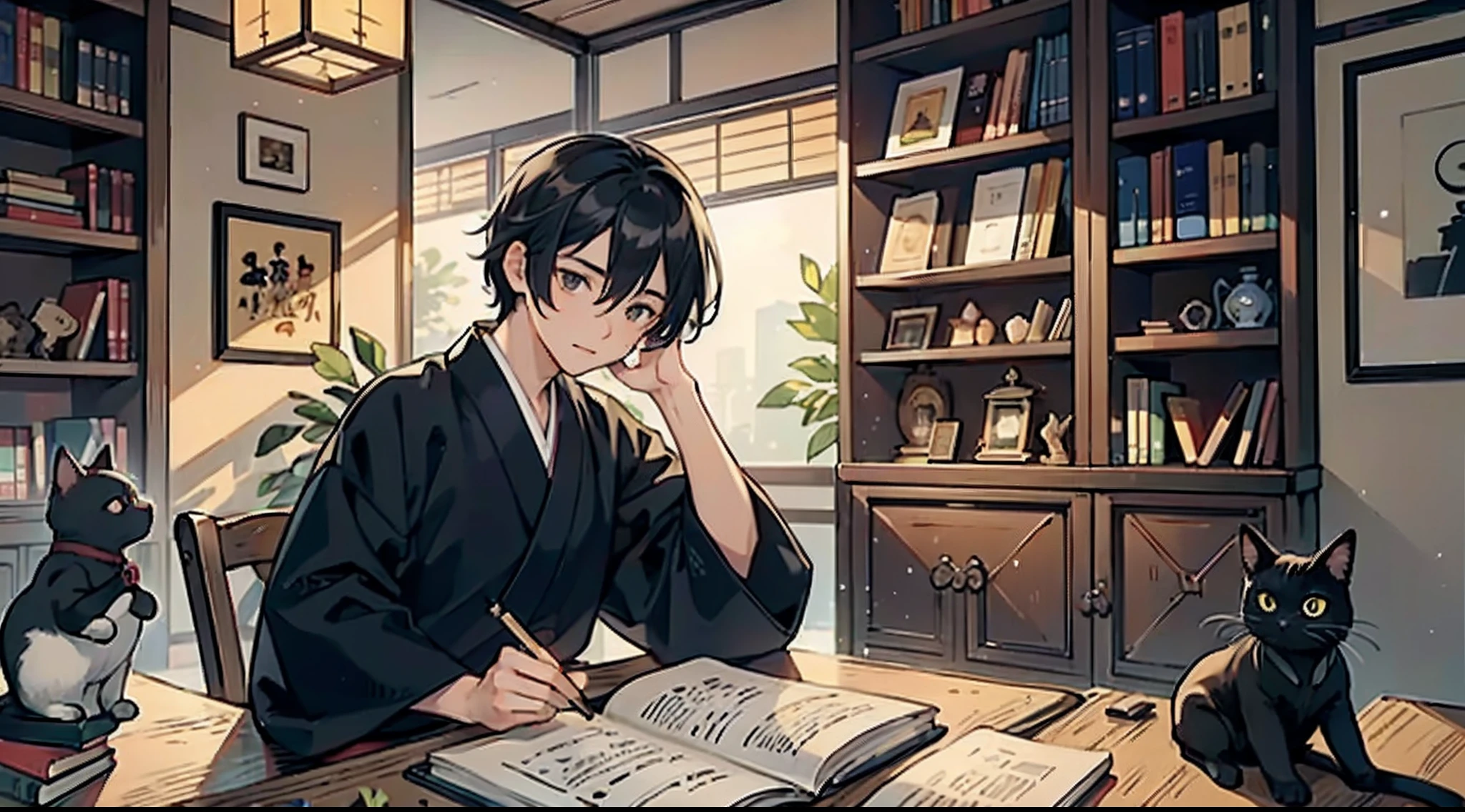 #Quality (intricate-detail、ultra-detailliert:1.2,Masterpiece),
#night sky (darkness of night,no light),
#one writing boy (16 male、writer,Honor Students、A dark-haired、short-hair、hakama,sit flat),
#black room at night (no light,black cat,books on desk,one candle,pretty tatami,a lot of books,bookshelf)