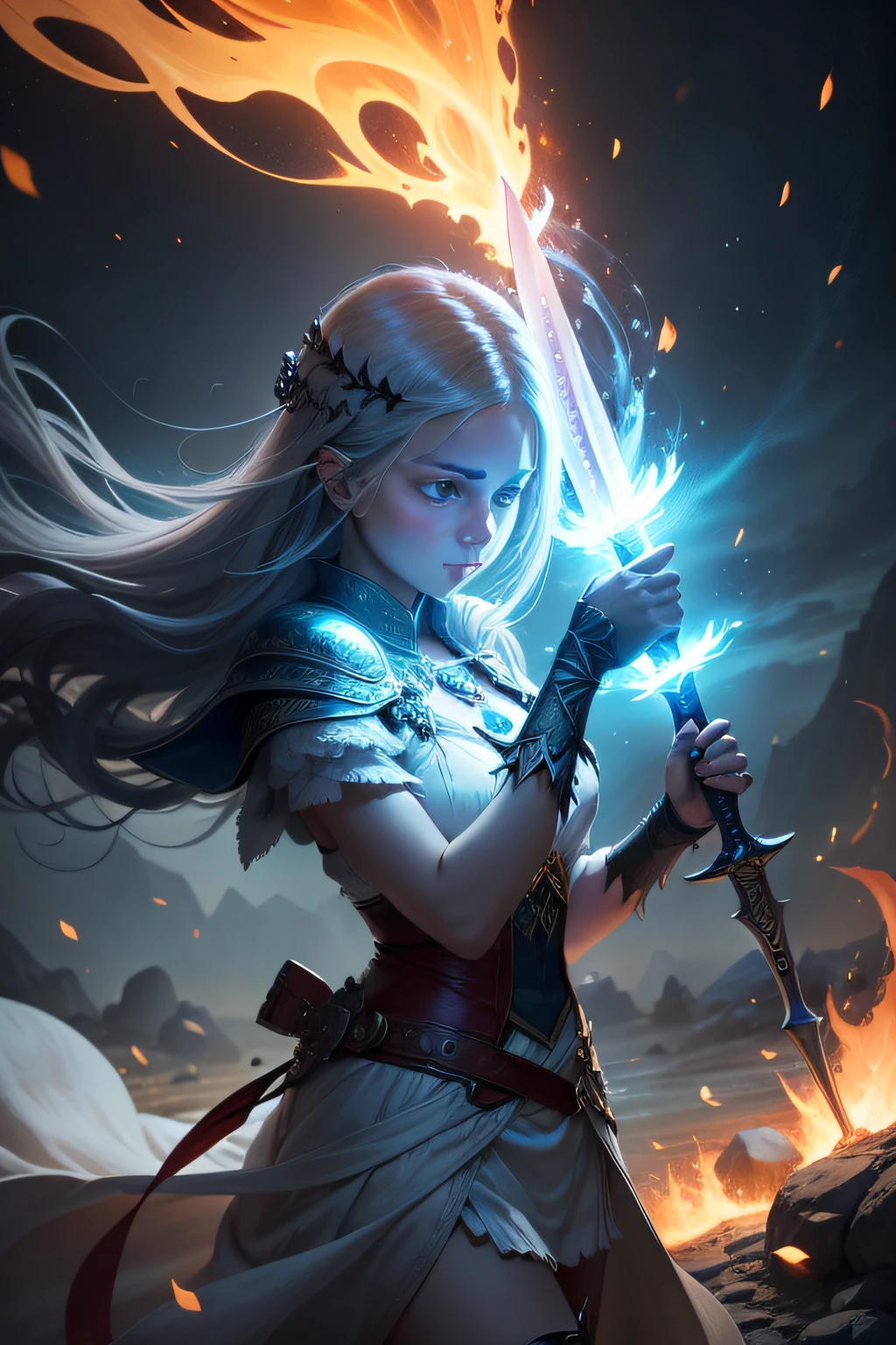 An enchanting image of an enchanted item, such as a sword, glowing with a powerful aura of fire. The sword wielder's eyes glow with an ethereal light, and a swirling mist forms on the blade's surface. The surrounding area is filled with a dense, warm, bluish-white mist, with a few scattered sparks and pebbles flying in all directions. telephoto lens, high ISO, vivid colors