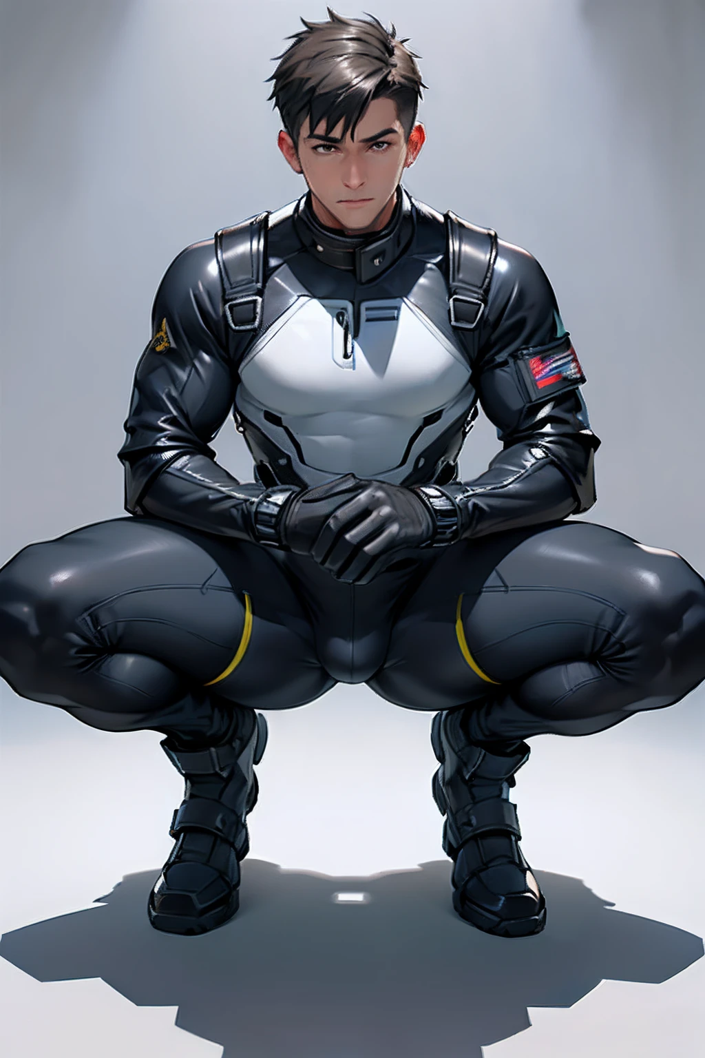 ((Best Quality, 8K, ultra-detailed, Masterpiece: 1.3)), 1boy, shiny skin, sharp, Perfect Body Beauty, realistic shaded perfect body, (cute baby face:1.1),("bodysuit, techwear,big bulge ":1.2),("leggins , armor":1.1),("glove, armor":1.1 ),(techwear)(dynamic pose:1.1), thigh , battle field , (bulge focus:1.2) ,squatting