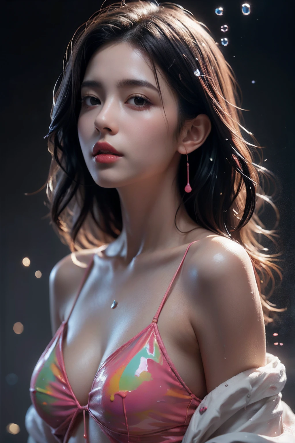 Head, complex 3d render ultra detailed, 1girll, Close-up of chest,boobgasm,cleavage,view the viewer, (PureErosFace_V1:0.6), 18 yo, Wet hair, Pure , Real human skin, Huge breasts, vibrant detail, Hyperrealistic, Beautiful background,rendering by octane, 8K, Best quality, Masterpiece, An extremely delicate and beautiful, Extremely detailed ,CG ,Unity ,the wallpaper, (Realistic, photo-realistic:1.37),Amazing, finedetail, Masterpiece,Best quality,offcial art,1girll,Smallleaf Maghrou, 1girll,Colorful glow, 1girll, Aeris_Bubble, Bare_bshoulders, crossbeam_eighth_Notes, crossbeam_sixteenth_Notes, Bikini, black_Eyes, black_Hair, Breasts, Bubble, cleavage, 鎖骨, eighth_note, jewelry, Long_Hair, mediating_Breasts, musical_note, nase, Off_Shoulder, Red_Lips, Solo, swim wears, The upper part of the body_Body,