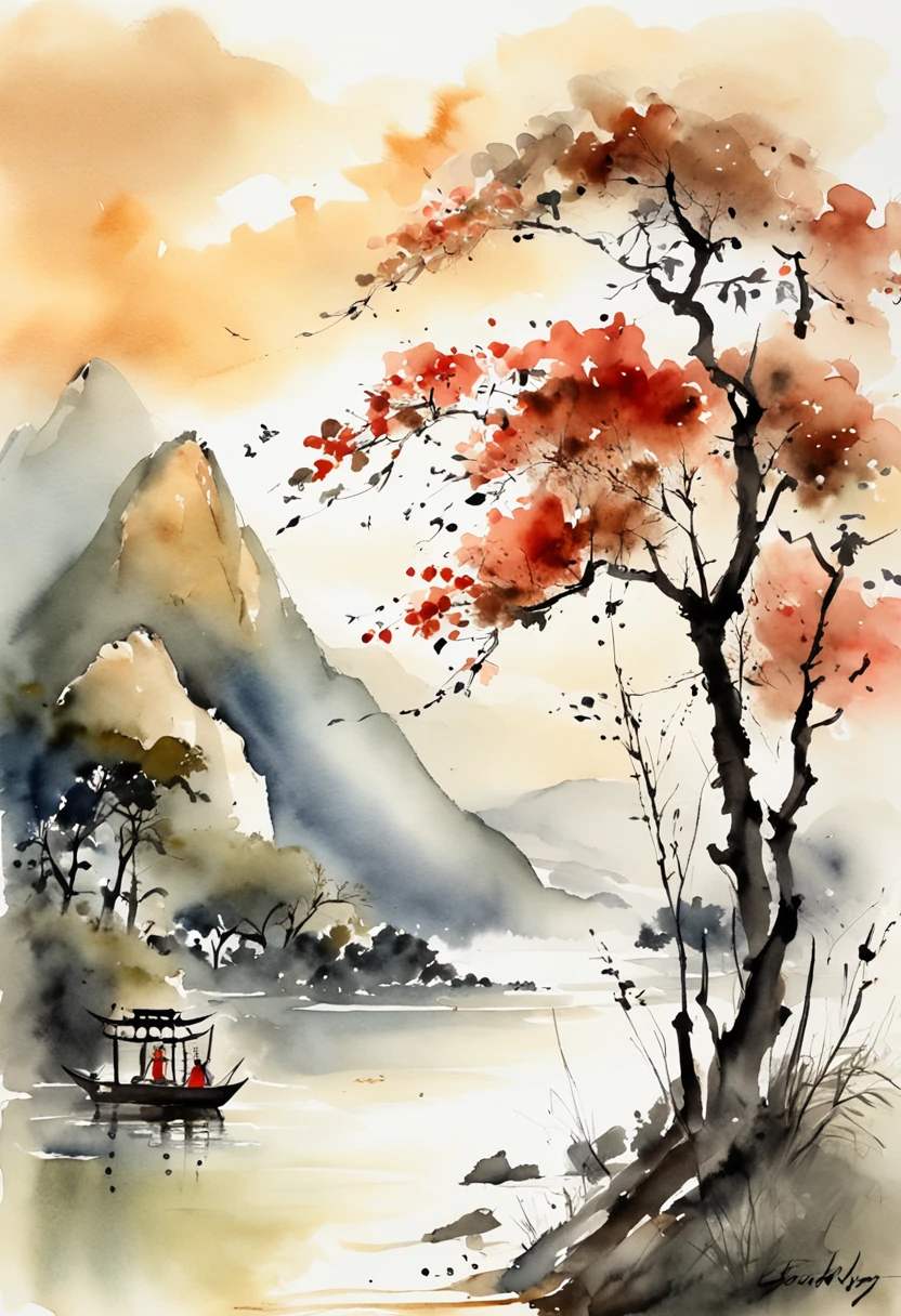 scenecy,Chinese ink painting style,Tranquil river,An old fishing man on the shore,Mountains loom in the distance,Foggy。