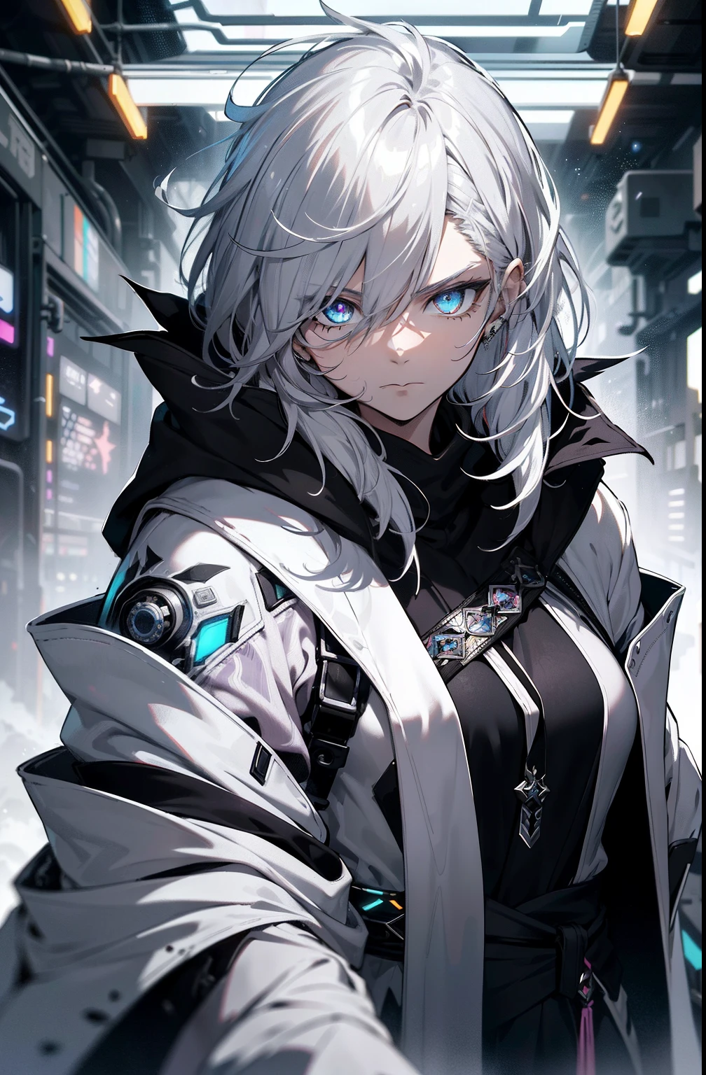 Cyberpunk female,fansty world,background inside dark,Clean design,Epic Instagram,art stations,Colorful paint splashes,contours,Hyper-detailed intricate details,unreal-engine,fanciful,Complicated details,splash image,complementary colours,fantasy concept art,8K分辨率,A masterpiece of deviantart,oil painted,Heavy strokes,paint drips,(Isolate on a white background:1.3),Rainbow skins,(((A handsome young))), ((Teenage:1.5)), (Glowing purple eyes), ((Eyes have light)),((((Short silver-white hair:1.1))), ((Manteau blanc)), (prinz\\(Indifferent expression\\),, (((Wearing a luxurious black robe with high details))), A head of white hair,(chest muscle) --v 6