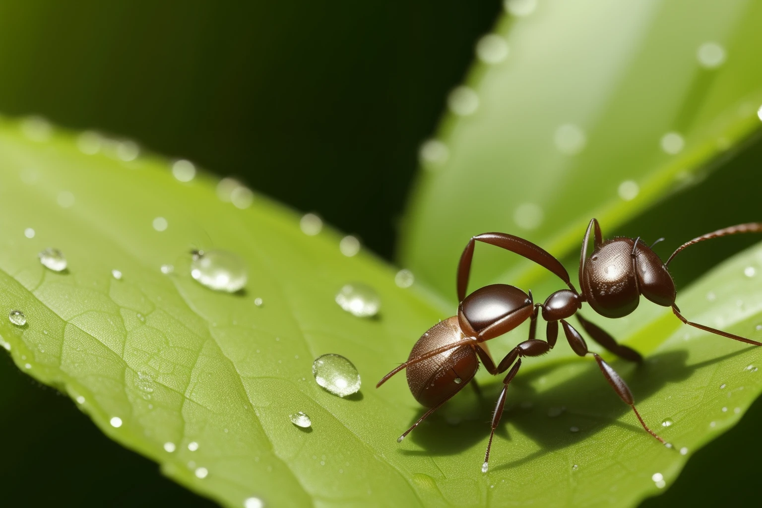 Close-up of ants on green leaves，Yellow ants，Contre-Jour，Dew drops spread on the leaves