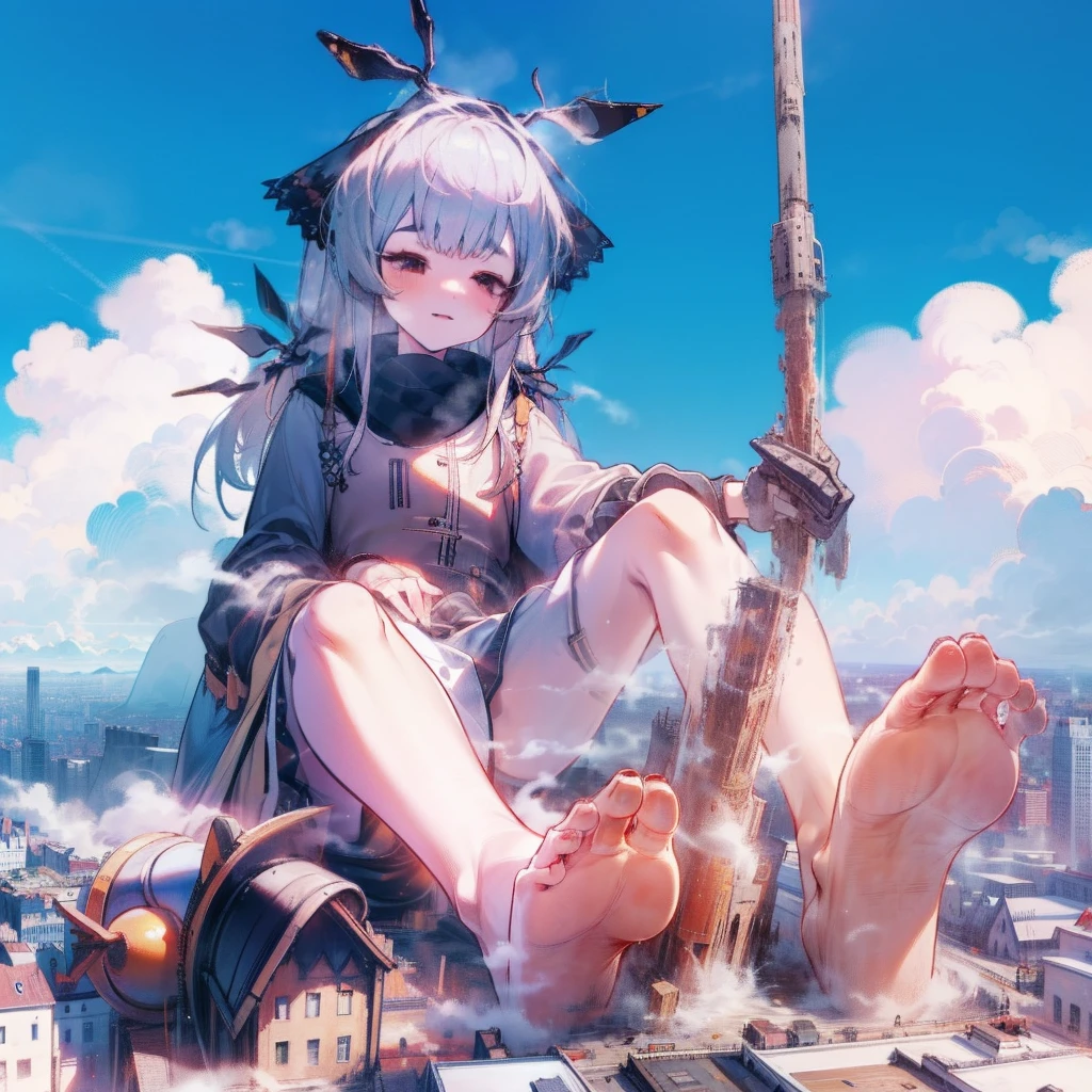 NSFW，Clouds， view over city， Masterpiece, Best quality, Highly detailed,Masterpiece,Best quality,offcial art,Extremely detailed Cg Unity 8K wallpaper，{{{Giantess}}}，Giant，1girll，modern miniature city，A cold expression，Sit on a modern miniature city ，The feet emit steam，Smash the city，