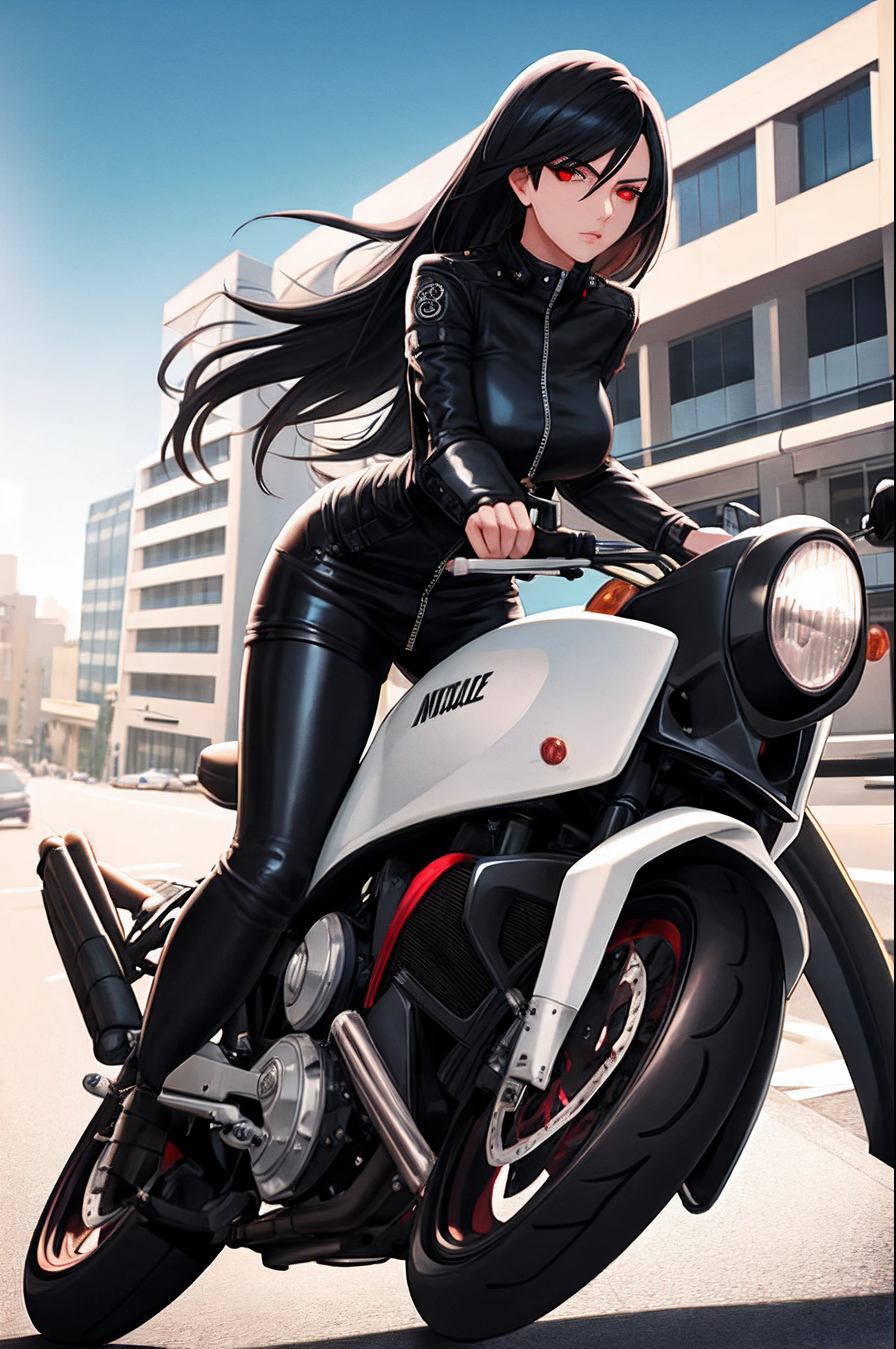 1girl, beautiful girl, Body Length 150 cm, 20 years old, (black hair, Rebel Hairstyle) , (Red eyes), realistic eyes, beautiful and sharp eyes), masculine clothing, Biker clothing, medium breasts, (8k wallpaper), (Street wallpaper) 8k, high quilty, realistic, beautiful realistic, Cool details, raw photo, realistic clothing, black hair, realistic hair, realistic eyes, Light and cool lighting, photo realistic, Cel shaded, Gel lighting, ultra details, ((Riding a bike on the street)), (in the morning)