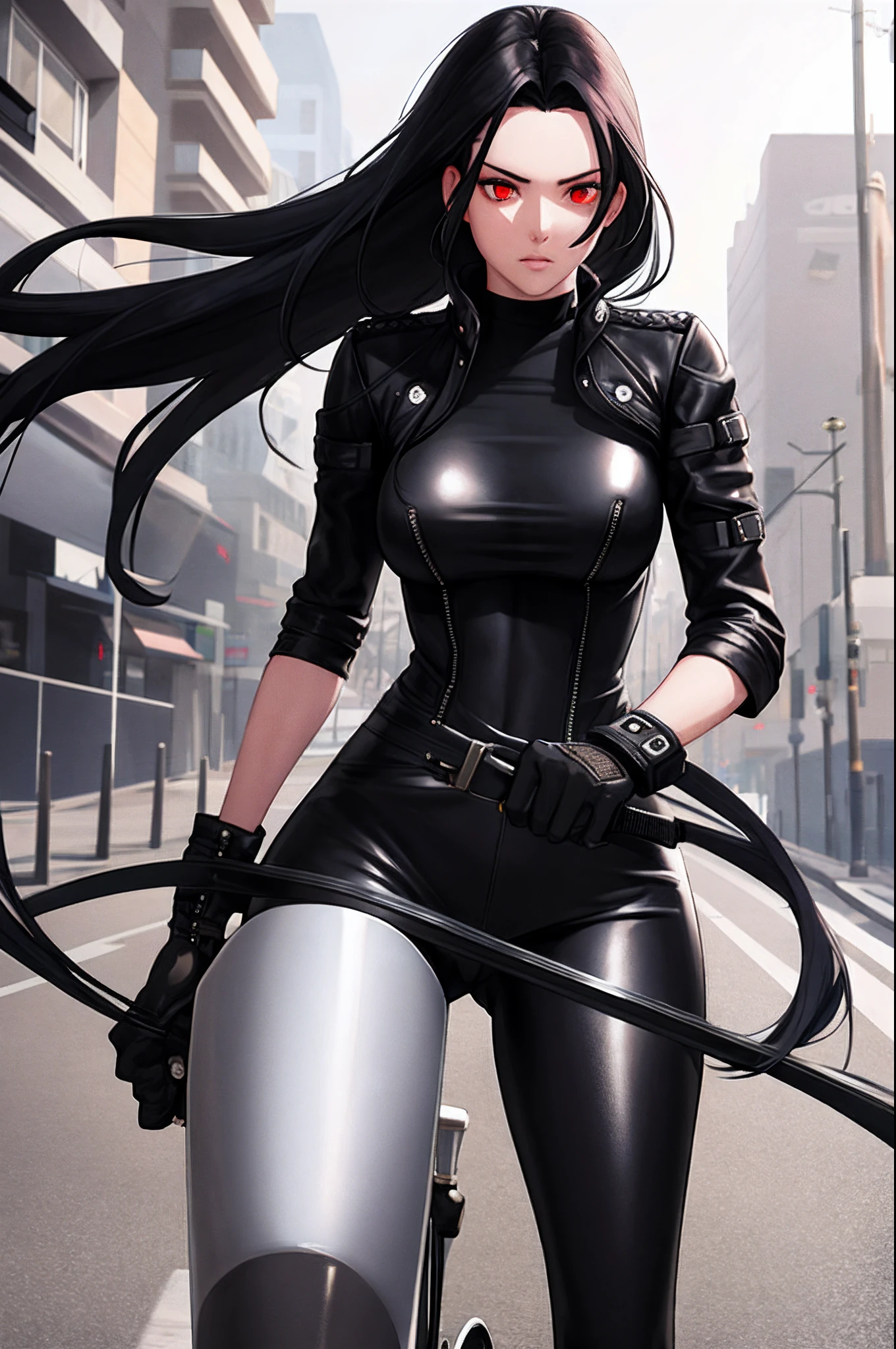 1girl, beautiful girl, Body Length 150 cm, 20 years old, (black hair, Rebel Hairstyle) , (Red eyes), realistic eyes, beautiful and sharp eyes), masculine clothing, Biker clothing, medium breasts, (8k wallpaper), (Street wallpaper) 8k, high quilty, realistic, beautiful realistic, Cool details, raw photo, realistic clothing, black hair, realistic hair, realistic eyes, Light and cool lighting, photo realistic, Cel shaded, Gel lighting, ultra details, ((Riding a bike on the street)), (in the morning)