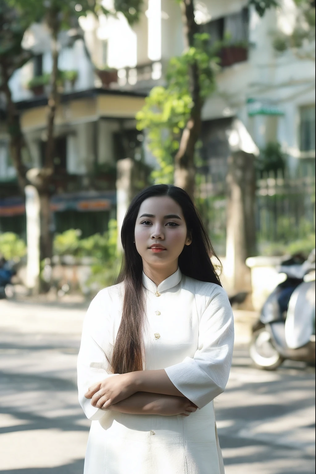 A woman stood in the street，arms folded, nivanh chanthara, mai anh tran, inspired by Ruth Jên, in style of lam manh, vietnamese woman, dang my linh, ao dai, author：Ruth Jen, A young Asian woman, mid shot portrait, Student, inspired by Ni Yuanlu