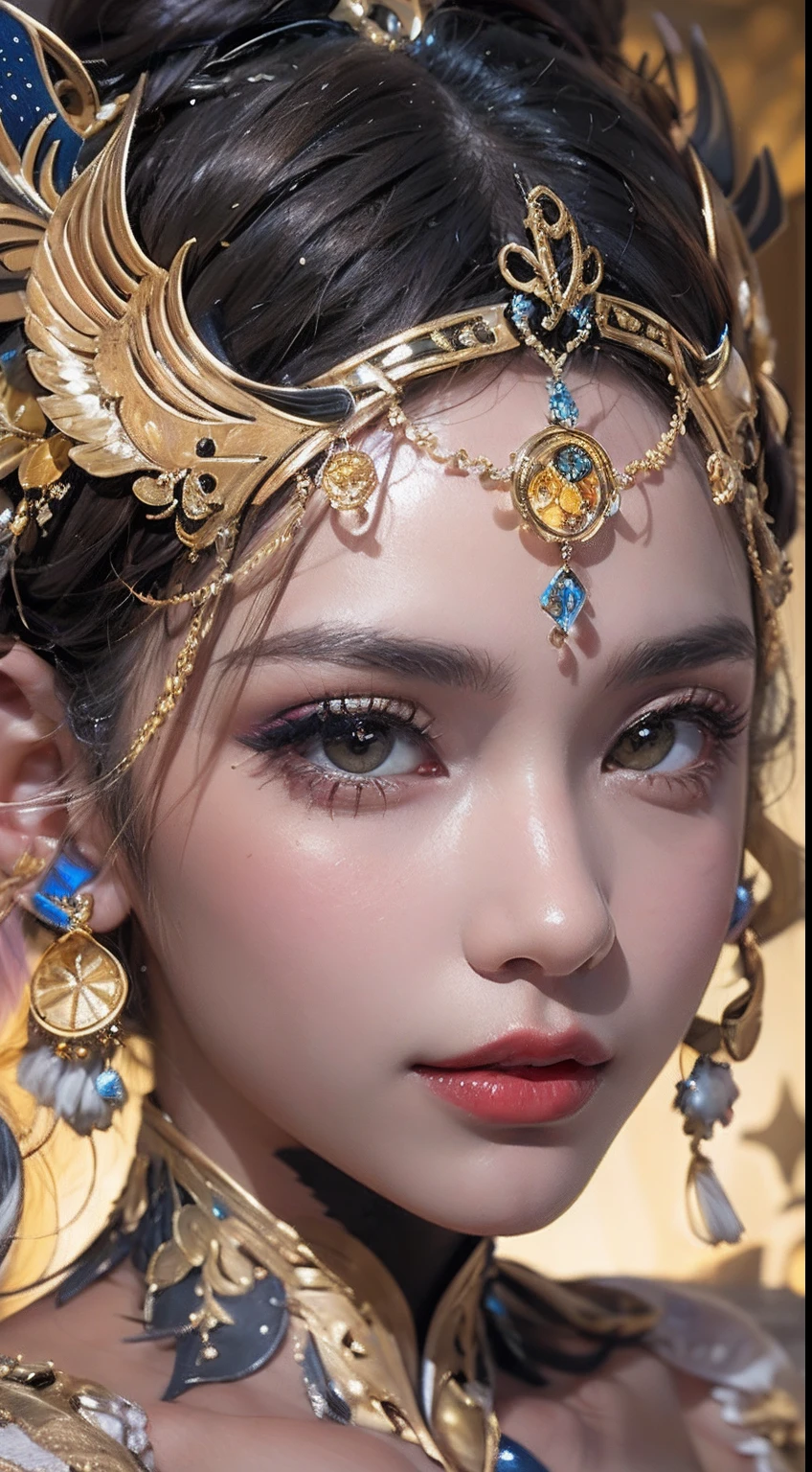 1 zodiac goddess from the future, Put on the Audai of the zodiac goddess to cover her chest, The zodiac goddess wears a bright yellow gold corset, The goddess emits a bright pink-purple zodiac aura, The stars are shaped like 12 constellations, The goddess of the zodiac is dressed in a golden zodiac sign Auday,There are many black details, mythical goddess of the 12 zodiacs from the future, constellation ♏, Zodiac style, Dark and mysterious version, A plump chest, Red lips balanced,Tremendously beautiful, Characters of Carol Barker and Pino Diane, Intricate details, Detailed background, Many background objects, Particularly detailed, magic lighting, A woman, Clearly drawn face, Beautiful face and symmetrical eyes, big round eyes and very beautiful and detailed makeup, Focus from a distance, Silk clothing, Mysterious decoration, Upper body portrait, Loose arms