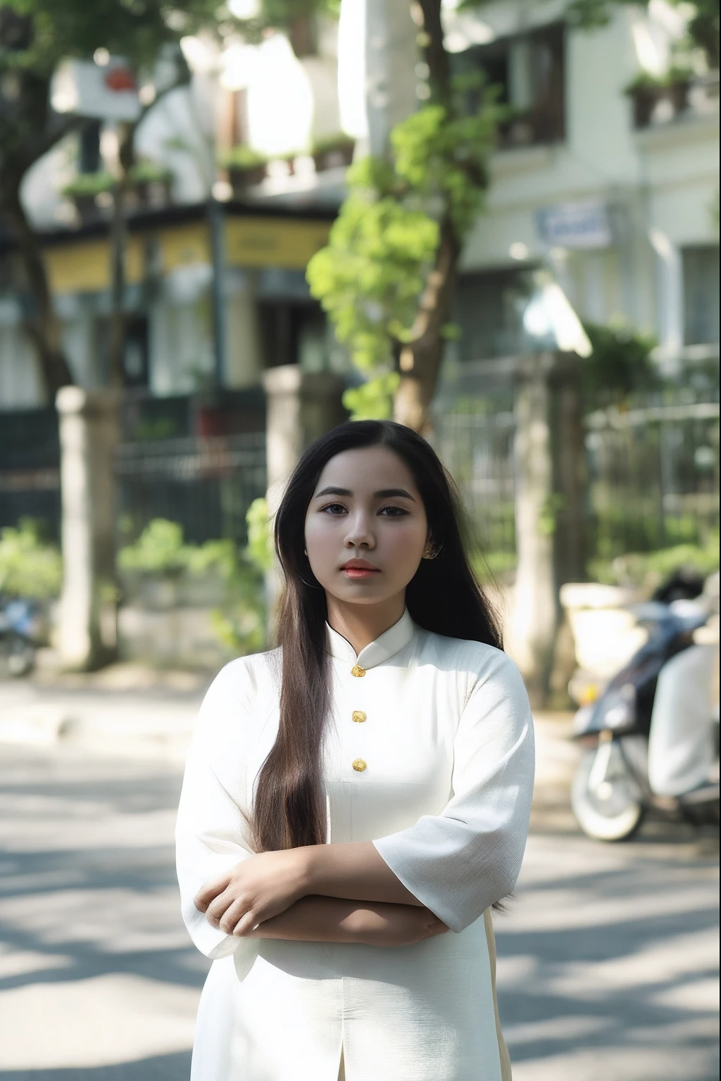 A woman stood in the street,arms folded, nivanh chanthara, mai anh tran, inspired by Ruth Jên, in style of lam manh, vietnamese woman, dang my linh, ao dai, author:Ruth Jen, A young Asian woman, mid shot portrait, Student, inspired by Ni Yuanlu