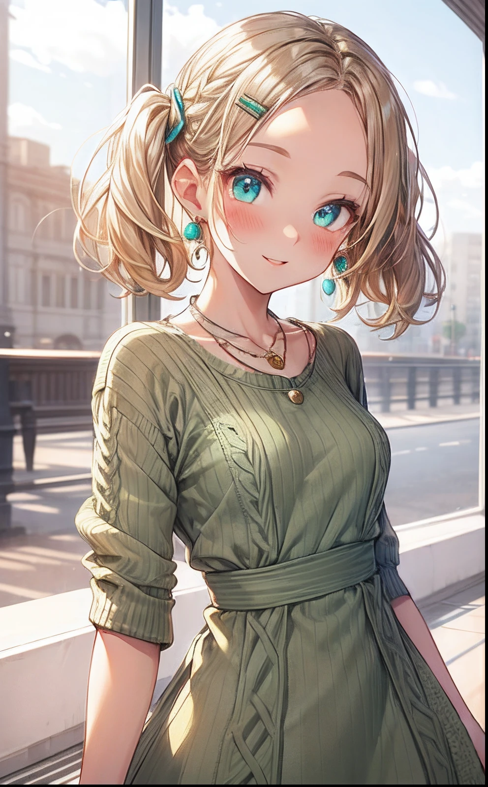 absurderes, ultra-detailliert,bright colour, extremely beautiful detailed anime face and eyes, view straight on, ;D, shiny_skin,25 years old, Short hair, (forehead:1.3), Blonde hair with short twin tails, Shiny hair, Delicate beautiful face, red blush、(cyan eyes:1.1), White skin, hair clips, earrings, a necklace, (green praid knit dress:1.5), Beautiful cloud, Dusk sky,
