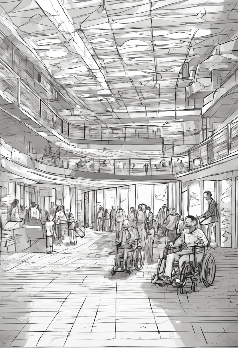 freehand sketching, Line sketch, The path for people with disabilities,Interior of the building,wheelchair,lots of people, school, kindergarten, lift, Terrain with slopes