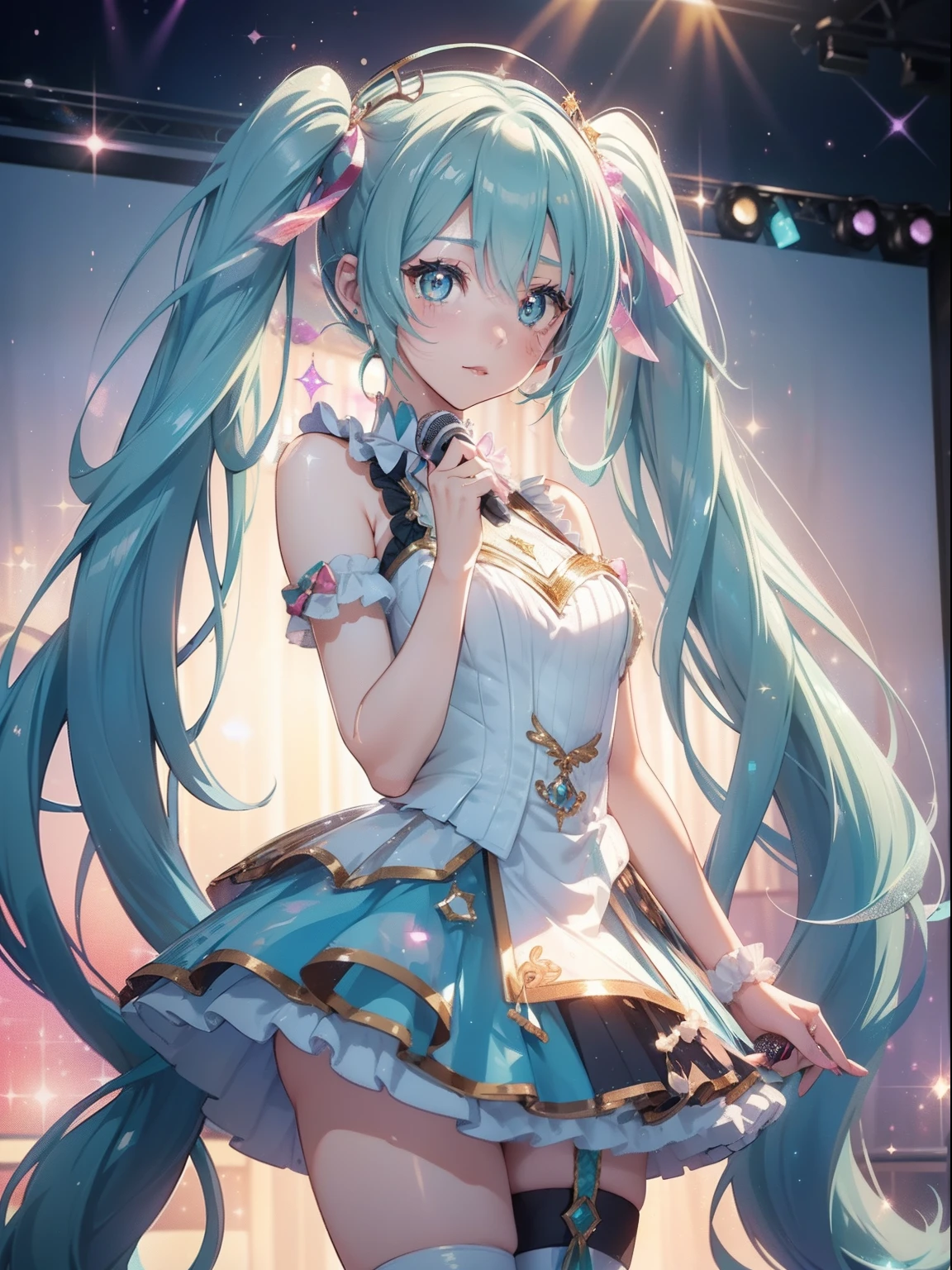 masutepiece, High resolution, 8K, anime woman, Delicate and detailed writing 、Detailed digital illustration、Very long hair and shiny、Bangs、a very beautiful woman、Eyes are double, Large, Bust is D cup、High image quality, High quality、Detailed background、(((Wearing idol clothes)))、((Glittering live stage backdrop))、The inside of the eye shines like a diamond、Pale light blue hair、Gradient pupil、(((2 arms、4 fingers, 1 thumb)))、Detailed female face、Very beautiful and cute woman、、细致背景、​masterpiece、Soft Focus , Bright gradient watercolor , Lens Flare , (((Glitter))) , Glow , Dreamy , (((Holding a glitter microphone in your hand)))、a miniskirt、Idol、((miku hatsune))、(((Pigtails)))