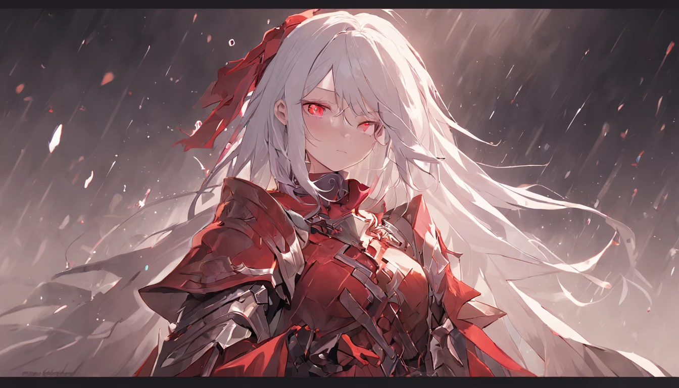A teenage girl,White hair and red eyes,long whitr hair,Original Character、fantasy concept art、Best shadow、shallowdepthoffield、Portrait of a noble knight、Dignified、Sad expression,streaming tears,Sophisticated tactical heavy armor、Tassel waistband、Hand Guard、Pauline、High quality armor texture,Stand up,Kneel on one knee,overcast day,Snow,(HighestQuali,astonishing detail:1.25),(独奏:1.3),Brilliant and colorful paintings