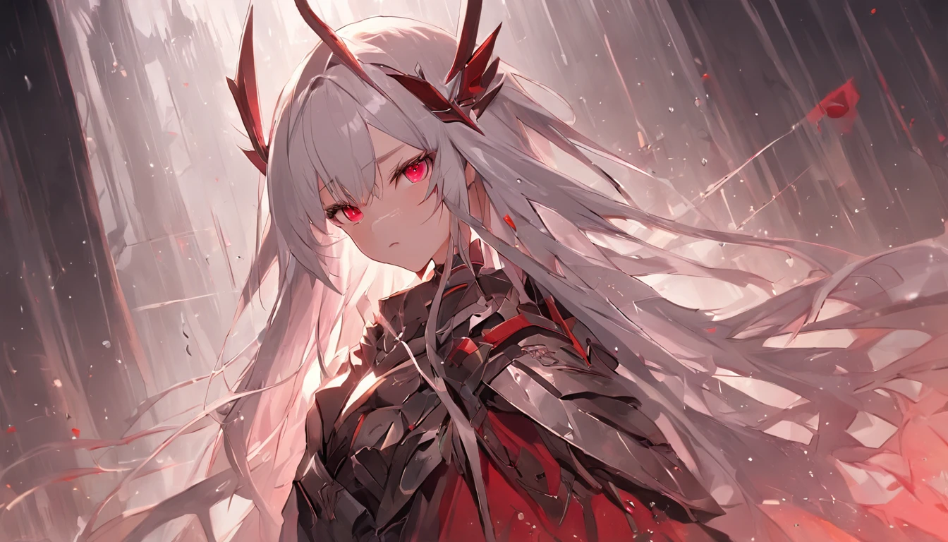 A girl,White hair and red eyes,long whitr hair,Original Character、fantasy concept art、Best shadow、shallowdepthoffield、Portrait of a noble knight、Dignified、Sad expression,streaming tears,Sophisticated tactical heavy armor、Tassel waistband、Hand Guard、Pauline、High quality armor texture,Stand up,Kneel on one knee,overcast day,Snow,(HighestQuali,astonishing detail:1.25),(独奏:1.3),Brilliant and colorful paintings