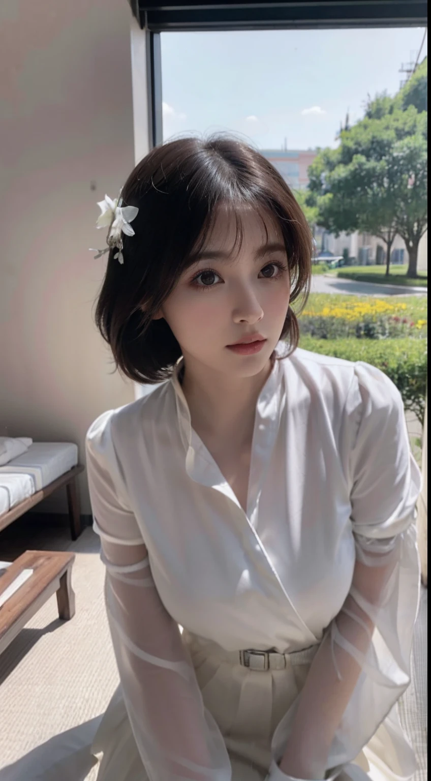 primitive，tmasterpiece，ultra fine photos，best qualtiy，超高分辨率，Photoreality，rays of sunshine，full-body portraits，stunningly beautiful，，dynamicposes，delicated face，Vibrant eyes，（seen from the side），((Secretarial uniform))，校服，cropped shoulders，Delicate head flower，sitting the desk，very highly detailed background，detailed face with，Detailed and complex busy background，Untidy，opulent，milkyW，Highly detailed skin，Realistic details of skin，Visible Pore，tack sharp focus，volume fog，8K  UHD，digital SLR camera，high qulity，filmgrain，White skin of the，photo-realism，DL，Huge metropolis in a dystopia of the future , look from down, semi transparent