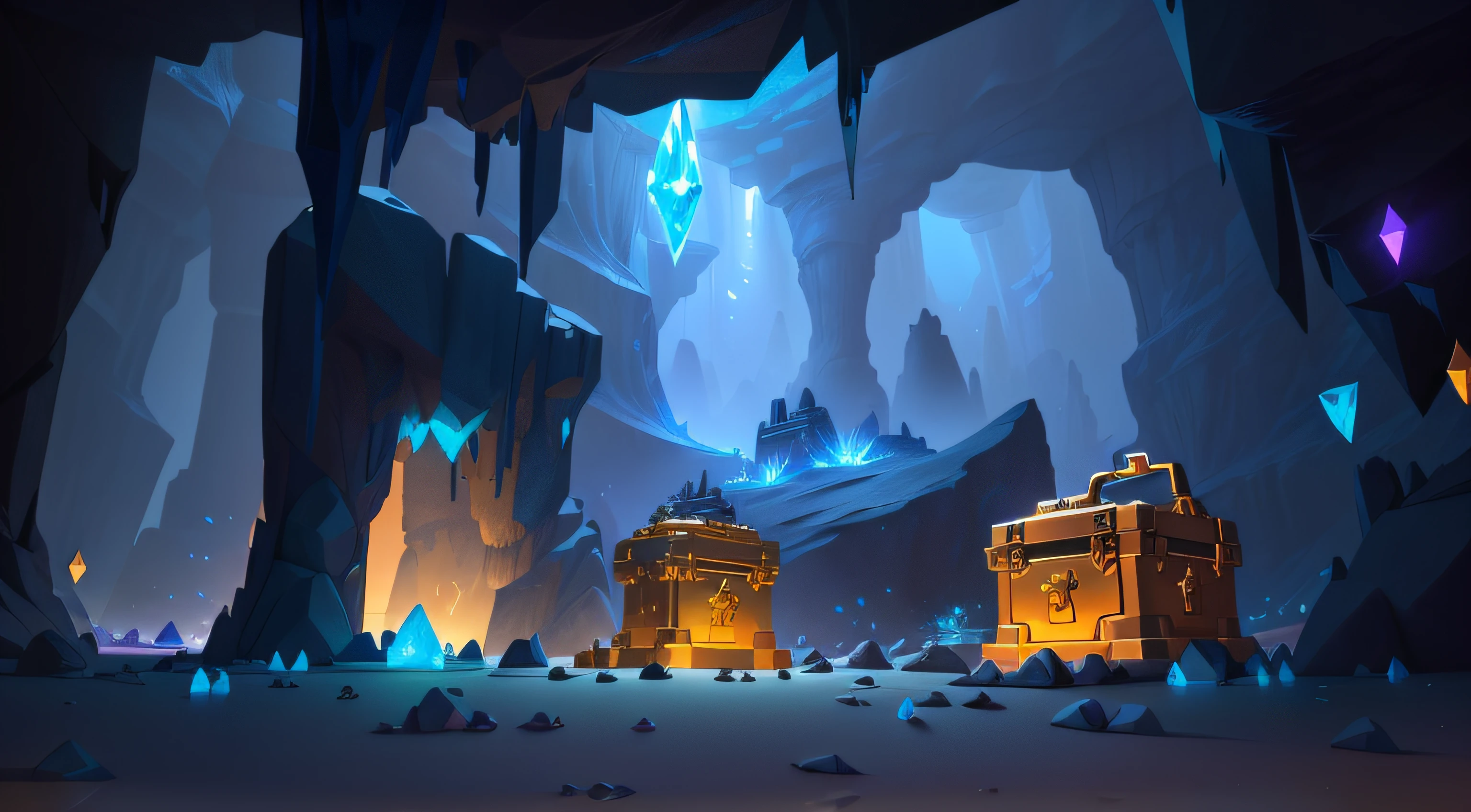 there are two chests with gold in the middle of a cave, cave background, glowing crystal cave, background art, magical cave, 2 d game art background, dungeon background, cave glowing stones, mythical gigantic space cavern, cave setting, treasure background, ancient cave, mobile game background, cave exploration, underwater crystal caverns, stylized concept art, low poly