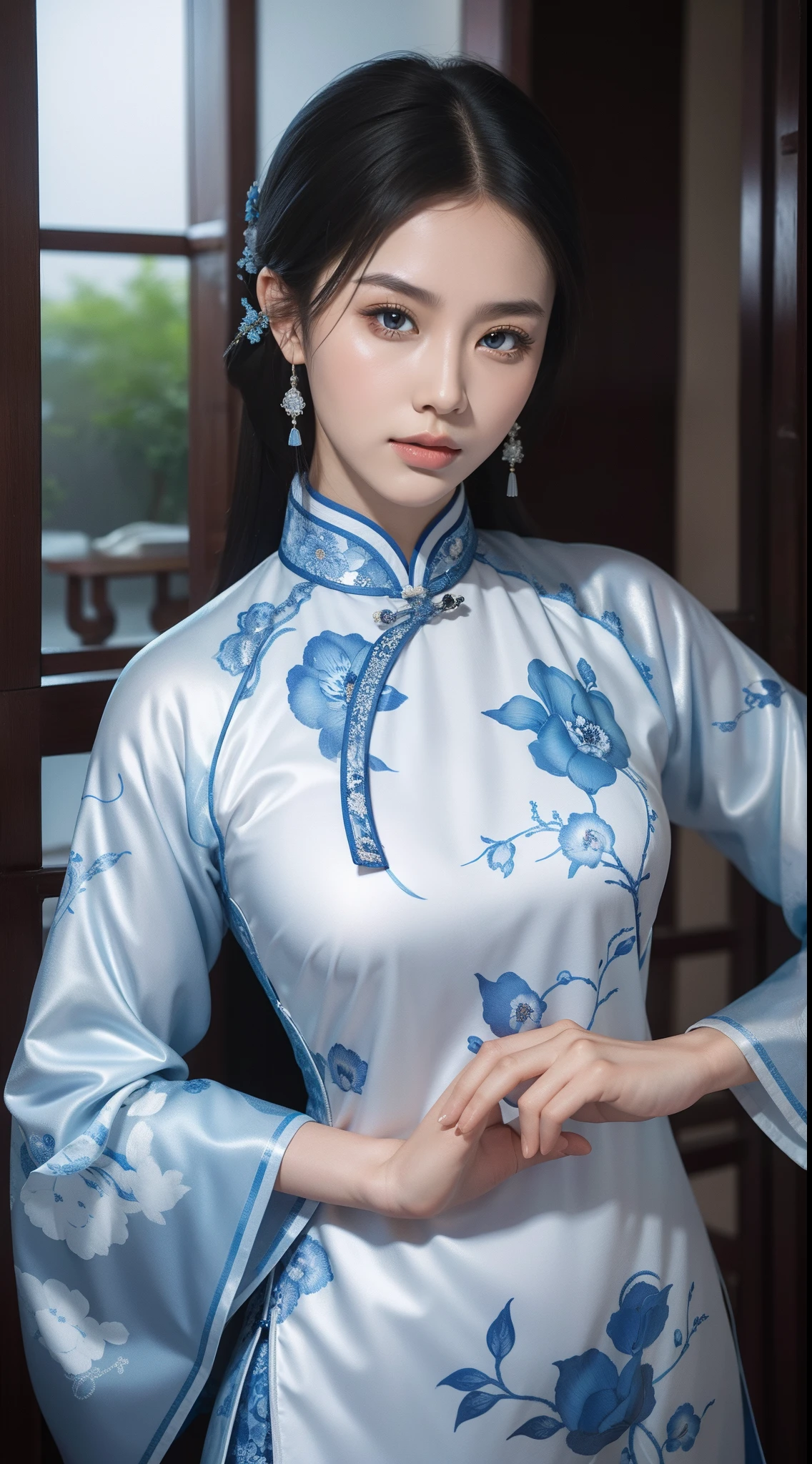 Blue and white porcelain style，China Cheongsam，The cheongsam is decorated with a blue and white pattern，ancient china art style，Fashion model 18 years old [[[[closeup cleavage]]]], [[[[boobgasm]]]], [[[[coll]]]], [[[[bshoulders]]]], perfect  eyes, Perfect iris，Perfect lips，perfect teeth，Perfect skin，with fair skin，Soft front light，hdr，Movie girl，The expression was melancholy，The background is an ancient Chinese interior，blue flowers，4K Ultra HD, 超高分辨率, (Photorealistic: 1.4), Best quality，Masterpiece，Utra dilution，（pastel colour：1.2）