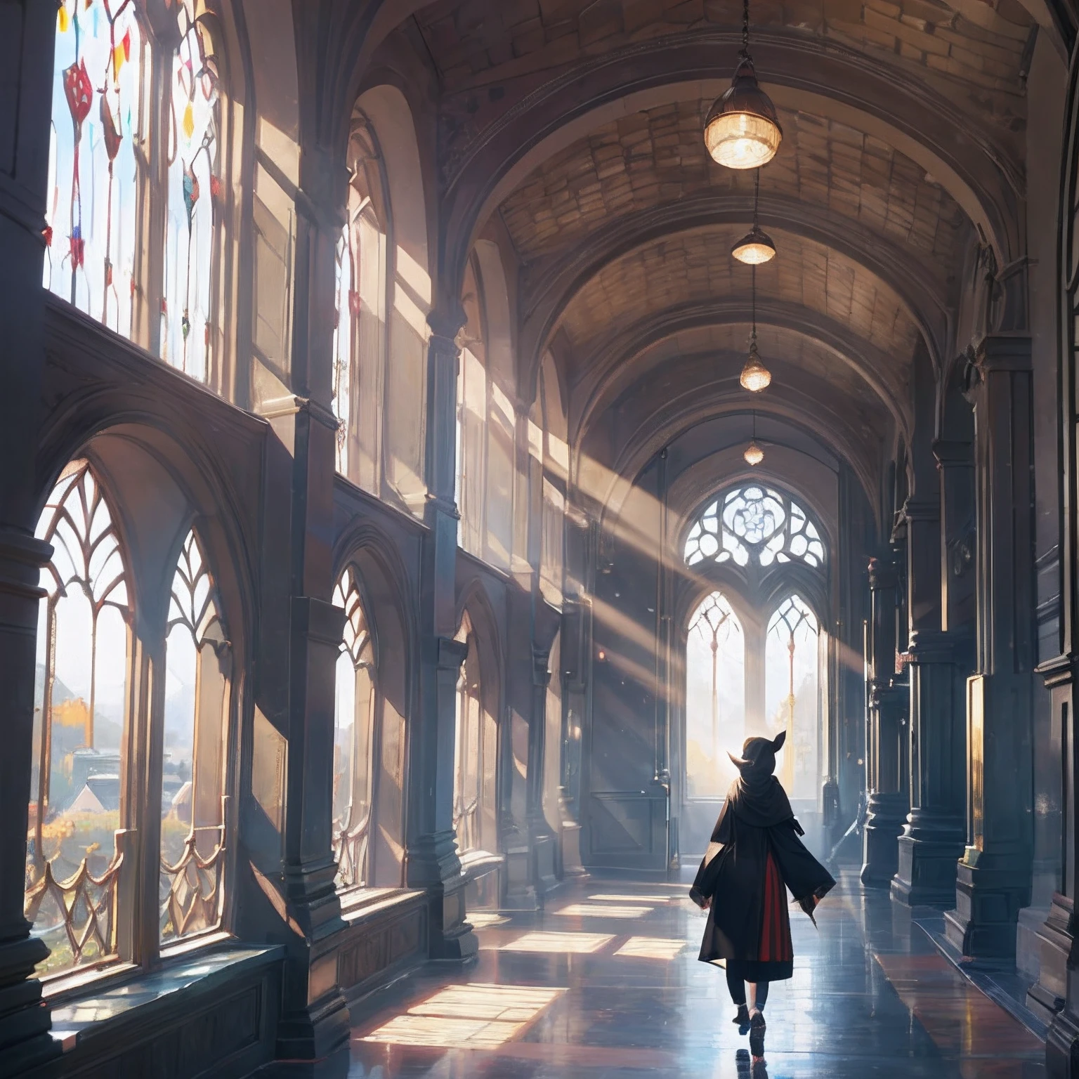 ((Best Quality, 8K, Masterpiece: 1.3)), landscape, morning shoot, slow speed, standing young girl with black hijab, in hogwart school setup, look at the camera, amazing scenery, Morning view with sun ray. Gryffindor student, wearing Gryffindor Robe, she smiling looking at the sky while holding a beg.