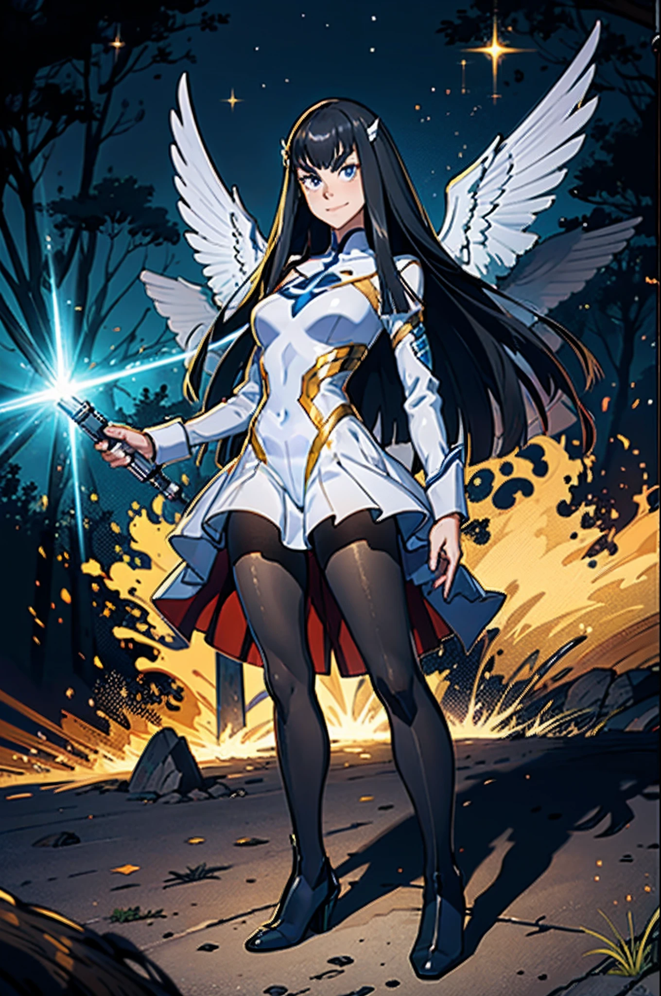 Anime, kiryuin satsuki flying through the sky with black angel wings, golden leotard armor, In Battle, Chaos, shooting laser beams from hands, masterpiece ,pantyhose, boots,magicagirl body suit, large skirt, smile, long skirt,standing,smile forest