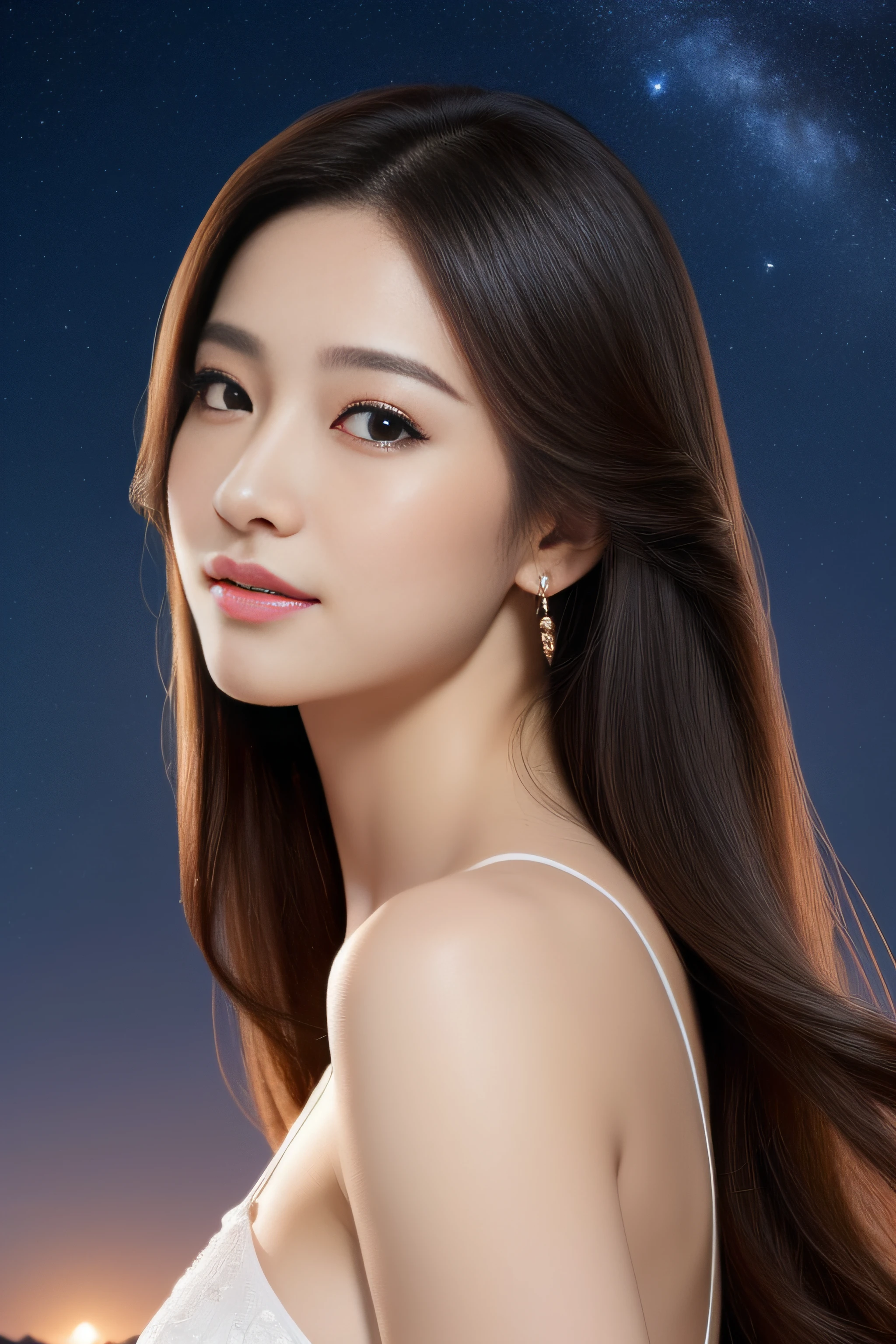 (great masterpiece、top-quality、high-level image quality)、(japanes、Idol actress、Good looks、Mature atmosphere)、1girl in、(Perfect beauty without complaints)、(Joy of Loving),(perfect anatomia),(To live)、(Beautiful half moon,nigh sky、stele、spiritual)、Piece of art、