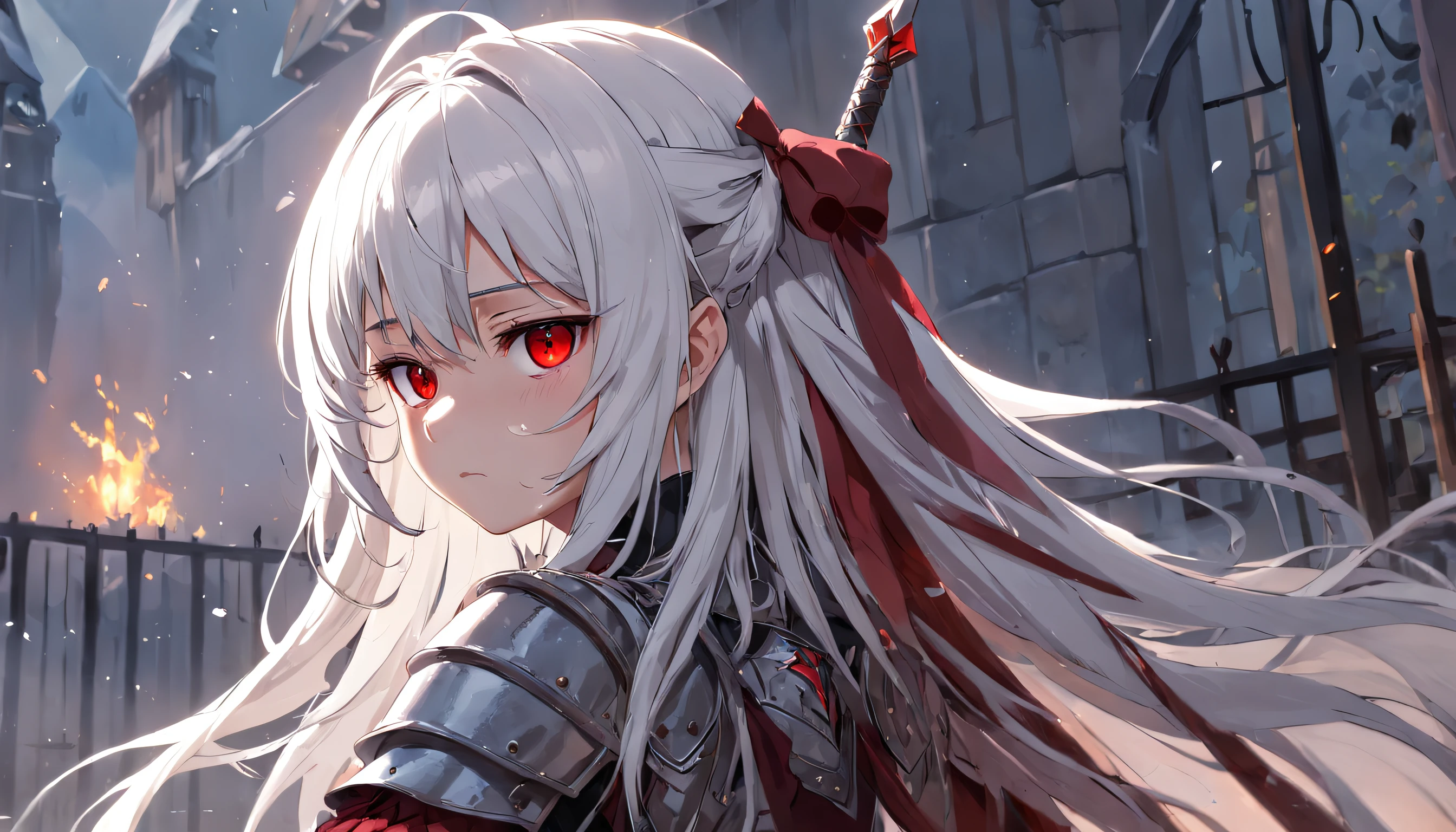A teenage girl,White hair and red eyes,long whitr hair,Original Character、fantasy concept art、Best shadow、shallowdepthoffield、Portrait of a noble knight、Dignified、Sad expression,streaming tears,Sophisticated tactical heavy armor、Tassel waistband、Hand Guard、Pauline、High quality armor texture,Stand up,Kneel on one knee,overcast day,Snow,(HighestQuali,astonishing detail:1.25),(独奏:1.3),Brilliant and colorful paintings