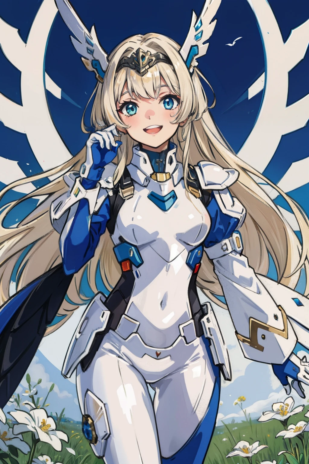 (master piece, Best Quality), Intricate details, valkyrie, kawaii, Happy smile, (((Laugh))), Hand up, Looking at Viewer, Feather Headgear, flower meadow,
1 girl in, Solo, Portrait, Tentacle plutinum blonde hair, single thighhigh, white Independent single sleeve, gloves,
mecha musume, White bodysuit, Silver Reinforced Suit, mini FEATHER wings, silver pantyhose, full armor,