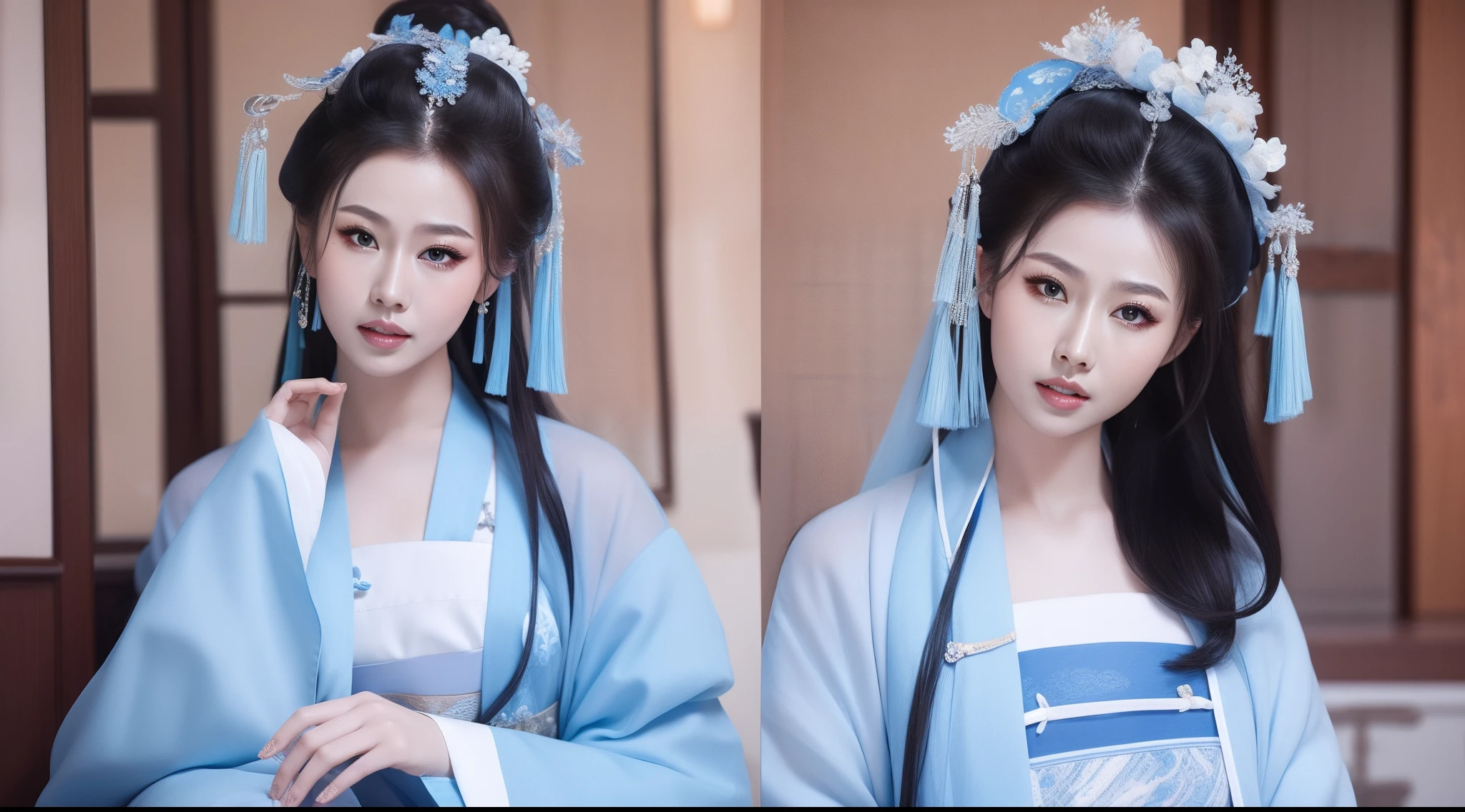 Blue and white porcelain style，Ancient Chinese clothing，ancient china art style，Fashion model 18 years old [[[[closeup cleavage]]]], [[[[boobgasm]]]], [[[[coll]]]], [[[[bshoulders]]]], perfect  eyes, Perfect iris，Perfect lips，perfect teeth，Perfect skin，with fair skin，Soft front light，hdr，Movie girl，long whitr hair，The expression was melancholy，4K Ultra HD, 超高分辨率, (Photorealistic: 1.4), Best quality，Masterpiece，Utra dilution，（pastel colour：1.2）