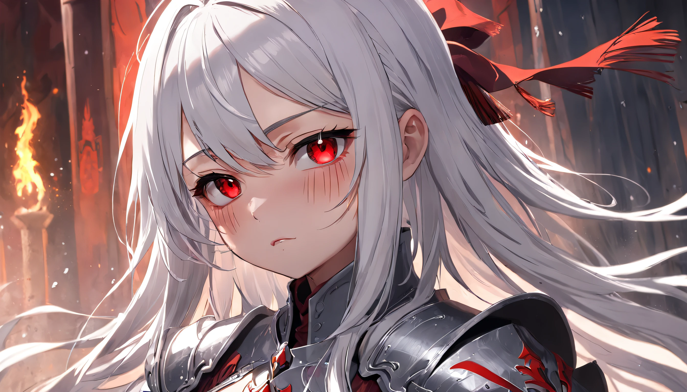 A teenage girl,White hair and red eyes,long whitr hair,Original Character、fantasy concept art、Best shadow、shallowdepthoffield、Portrait of a noble knight、Dignified、Sad expression,streaming tears,Sophisticated tactical heavy armor、Tassel waistband、Hand Guard、Pauline、High quality armor texture,Stand up,Kneel on one knee,overcast day,Snow,(HighestQuali,astonishing detail:1.25),(独奏:1.3),Brilliant and colorful paintings