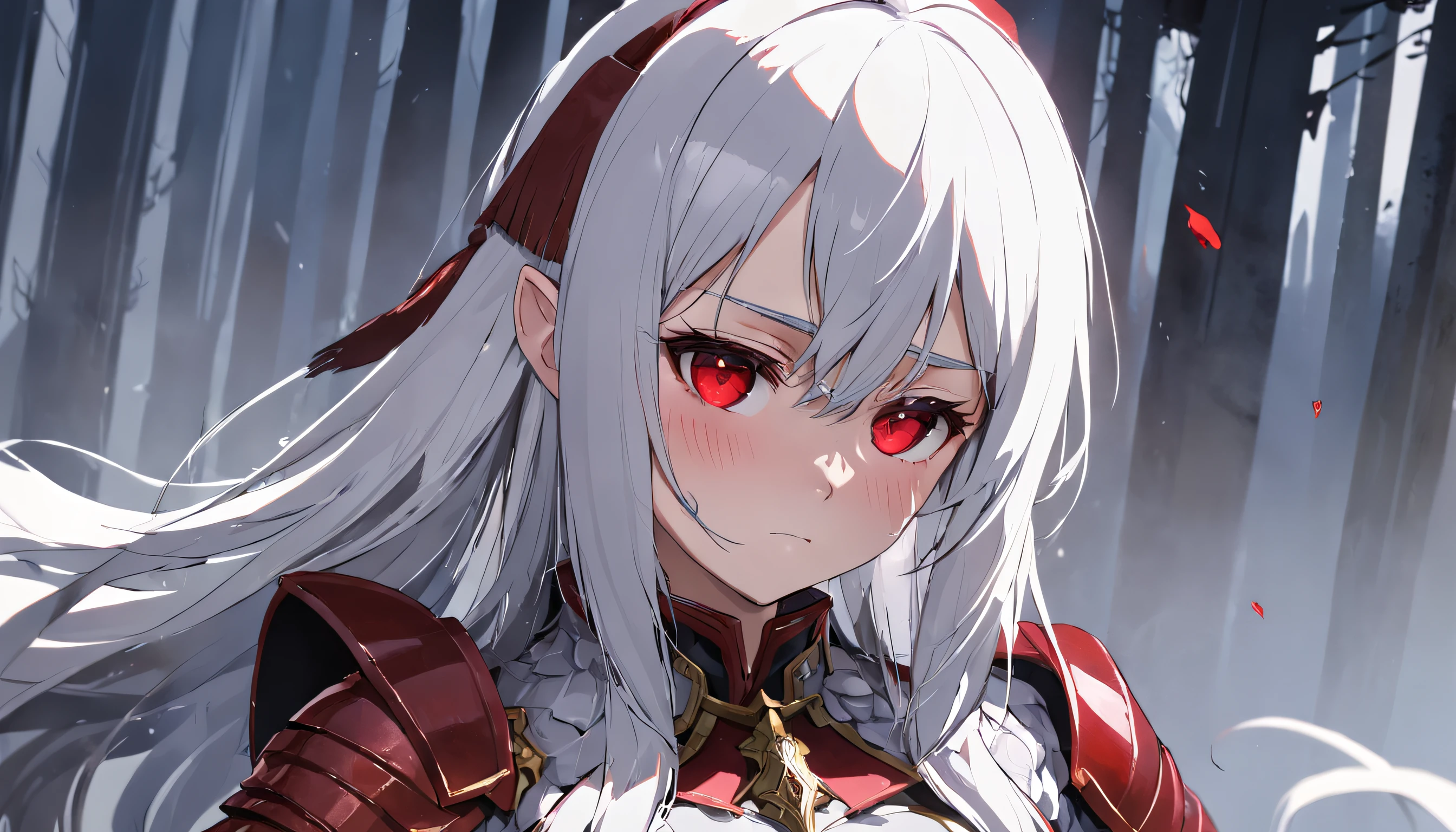 A teenage girl,White hair and red eyes,long whitr hair,Original Character、fantasy concept art、Best shadow、shallowdepthoffield、Portrait of a noble knight、Dignified、Sad expression,streaming tears,Sophisticated tactical heavy armor、Tassel waistband、Hand Guard、Pauline、High quality armor texture,Stand up,Kneel on one knee,overcast day,Snow,(HighestQuali,astonishing detail:1.25),(独奏:1.3),Brilliant and colorful paintings