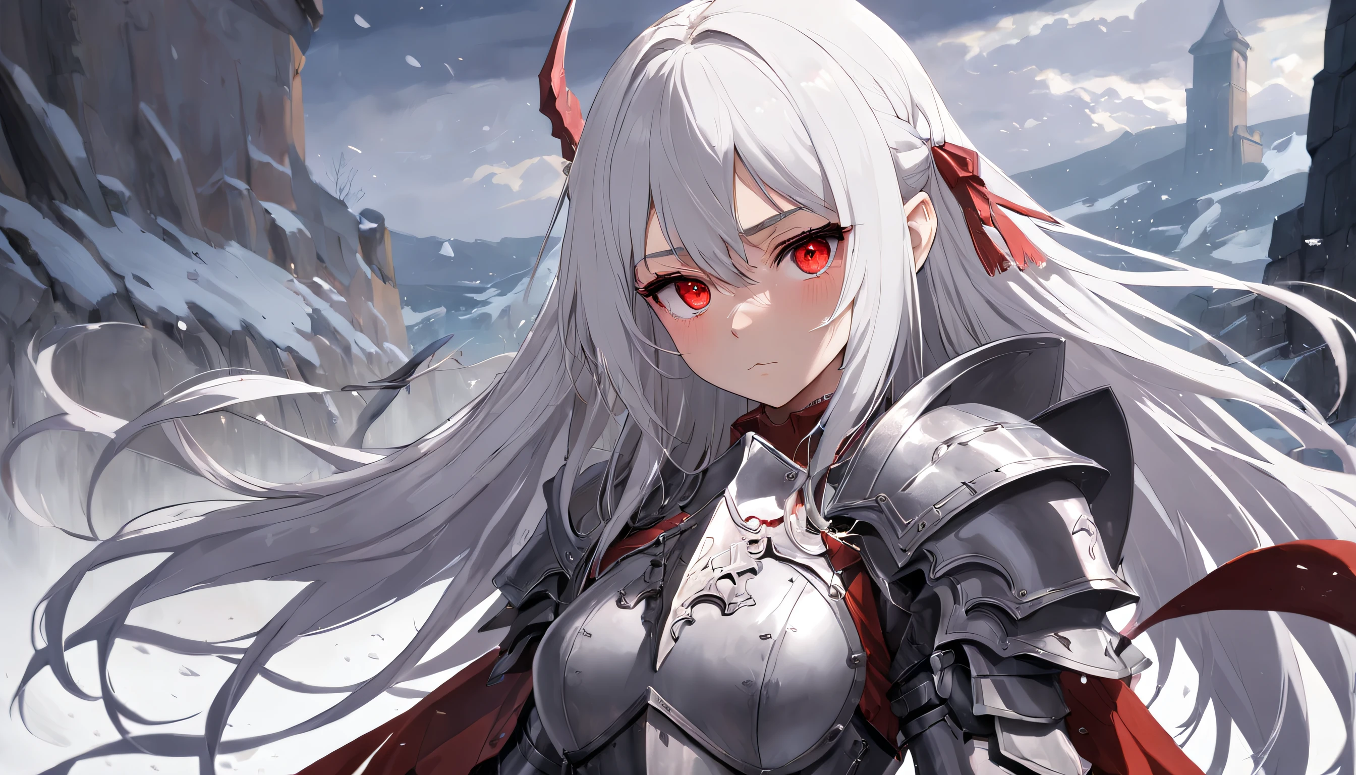 A teenage girl,White hair and red eyes,long whitr hair,Original Character、fantasy concept art、Best shadow、shallowdepthoffield、Portrait of a noble knight、Dignified、Sad expression,streaming tears,Sophisticated tactical heavy armor、Tassel waistband、Hand Guard、Pauline、High quality armor texture,Stand up,Kneel on one knee,overcast day,Snow,(HighestQuali,astonishing detail:1.25),(独奏:1.3),Brilliant and colorful paintings