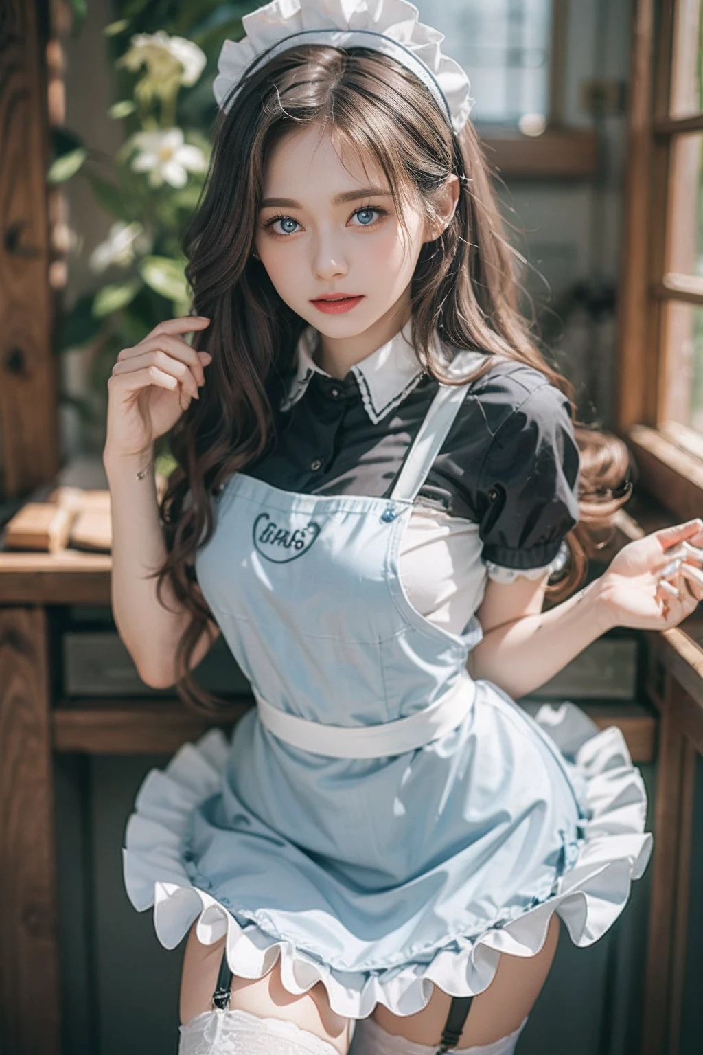 🎨 Model: MeinaMix V8
🔍 Keywords: Apron, Blue eyes, garter strap, Film composition
Anime girl shows her charming charm, Are you also attracted to her? Maid clothes included, reality, Highly realistic photos taken with Canon cameras, Very high quality and high definition