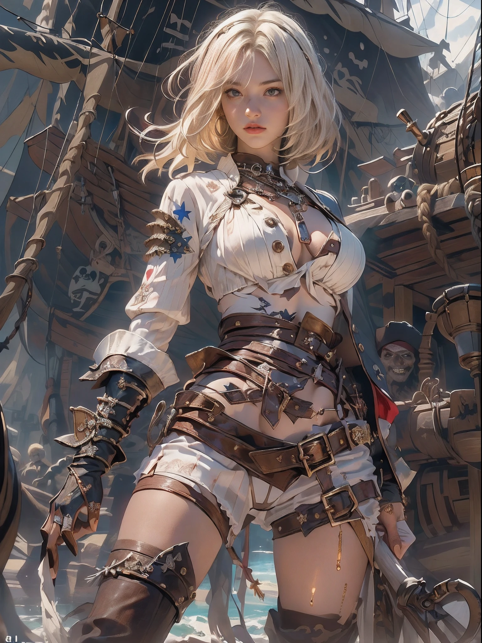 (((of the highest quality: 1.4))),(unparalleled masterpiece ever), (Ultra high definition),(Ultra-realistic 8K CG), offcial art、 (((adult body))), (((1girl in))), ((( Bob Shorthair ))), 25-year-old pirate with a perfect body, Pirate hat with metal spines,Beautiful and well-groomed face,,Detailed pirate clothing,Pirate Jacket, (Image from head to thigh),(( White Blonde Bob Shorthair )), Small leather panties, Simon Bisley's urban savage style,Detailed pirate ship background,Clean abs, Complex graphic gauntlets, Dark red with white stars and blue and white stripes, s Armor, Poison tattoo ), ,