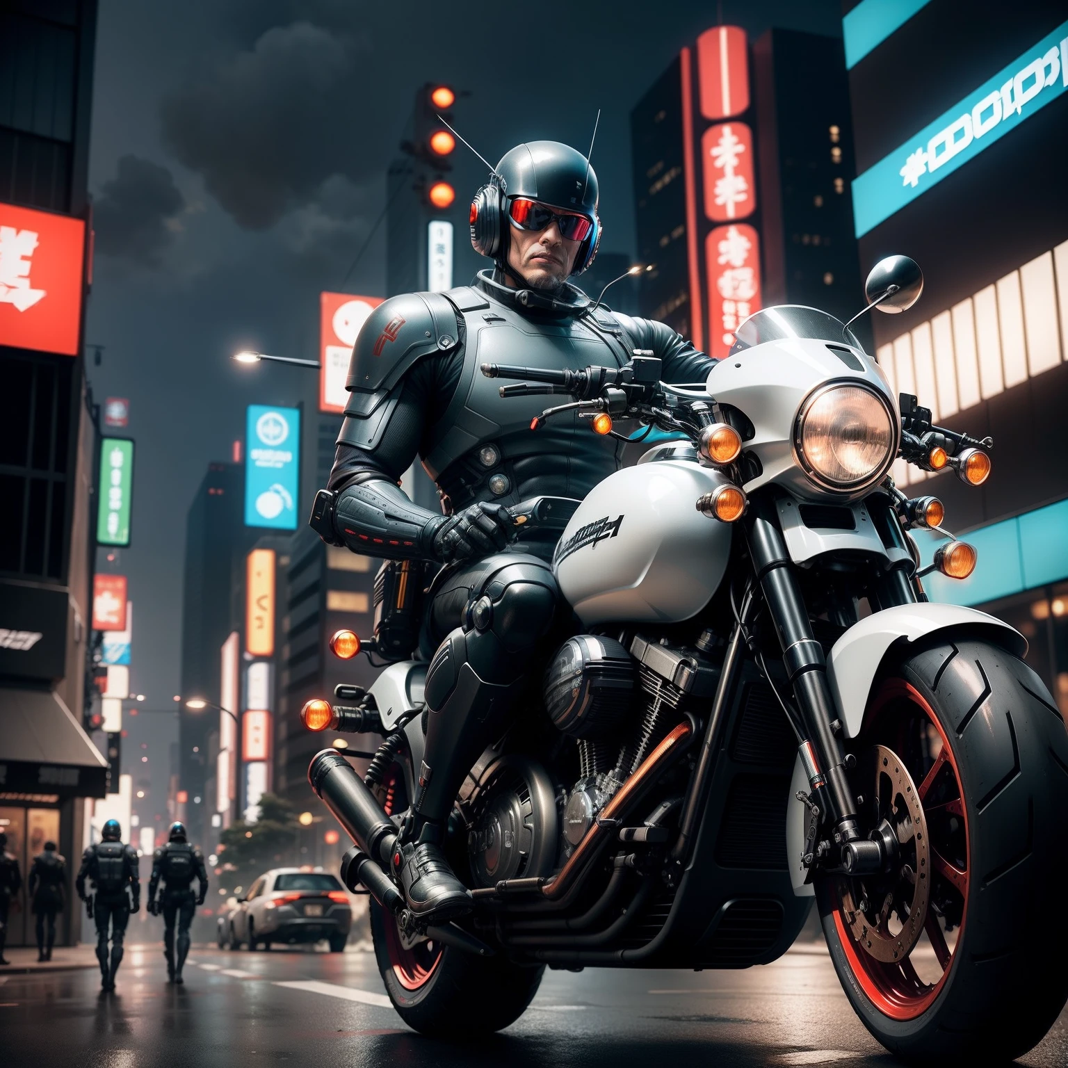Robocop futuristic cyberpunk in Tokyo driving a Harley Davidson holding a bazooka