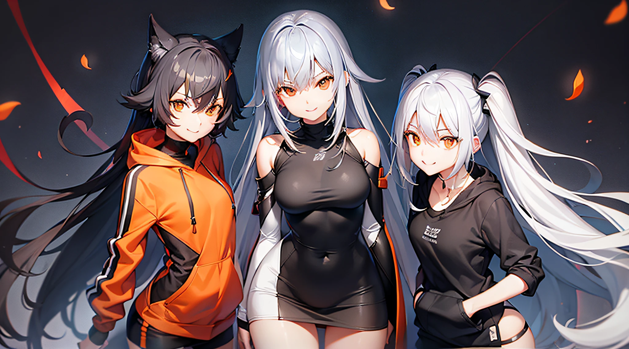 in detail、In more detail、Gray hair、Women in Their 20s、From head to toe、Orange hoodie on the upper body、Lower body is black miniskirt、Soft skin、A smile、slender、All petals in the background