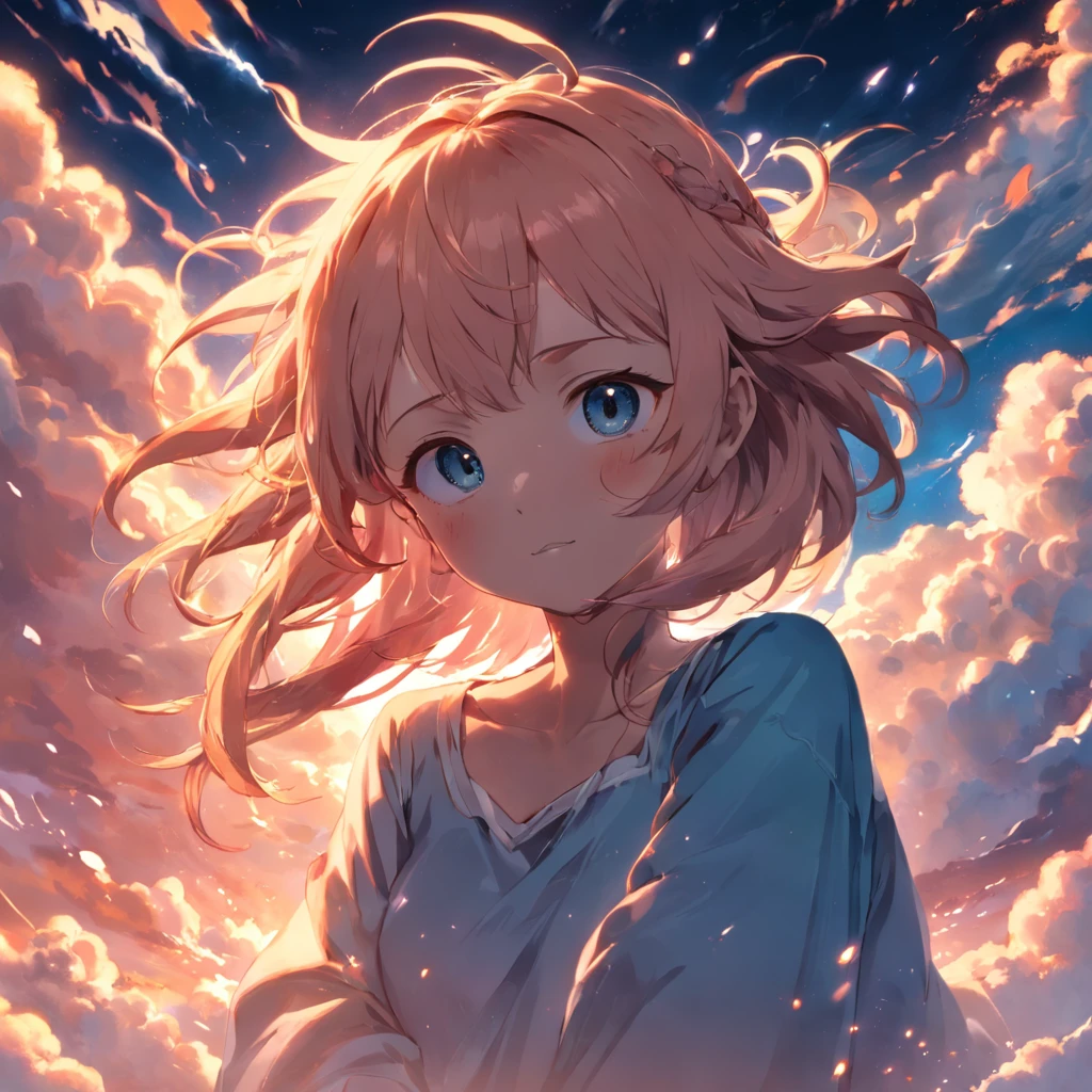 masterpiece, best quality, movie still, 1girl, cloud girl, floating in the sky, close-up, bright, happy, warm soft lighting, sunset, (sparks:0.7)