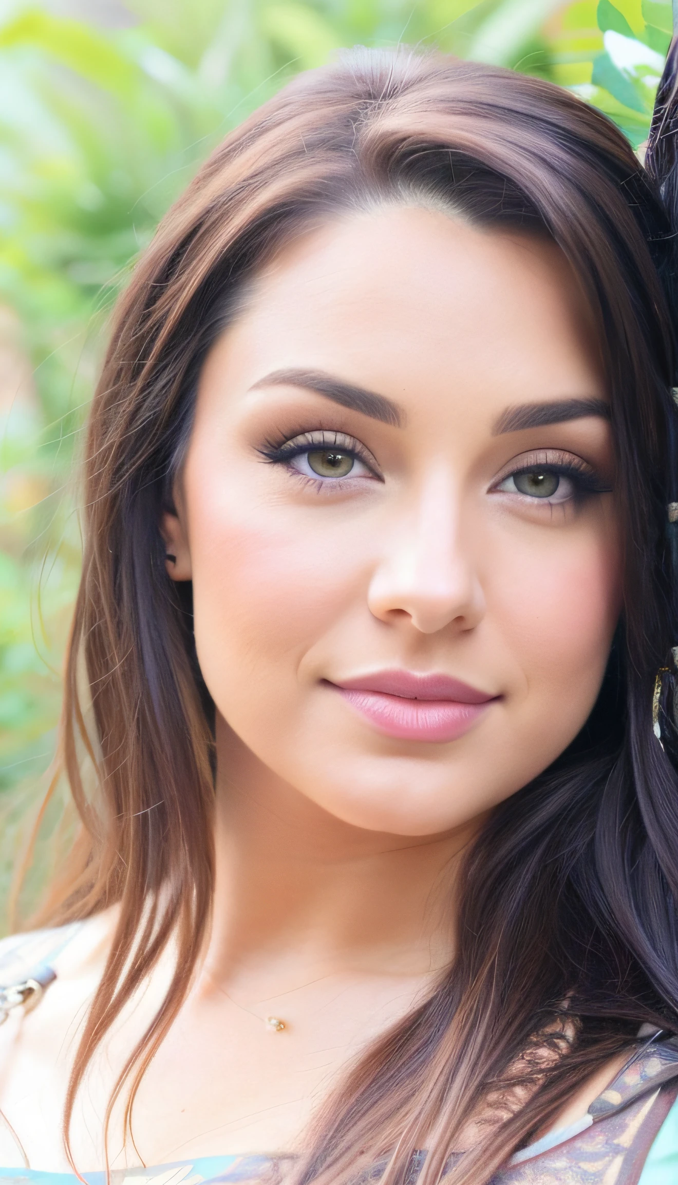 Beautiful Brunette, hazel eyes, nose piercing, perky 34D breasts, curvy, wearing black thong bikini