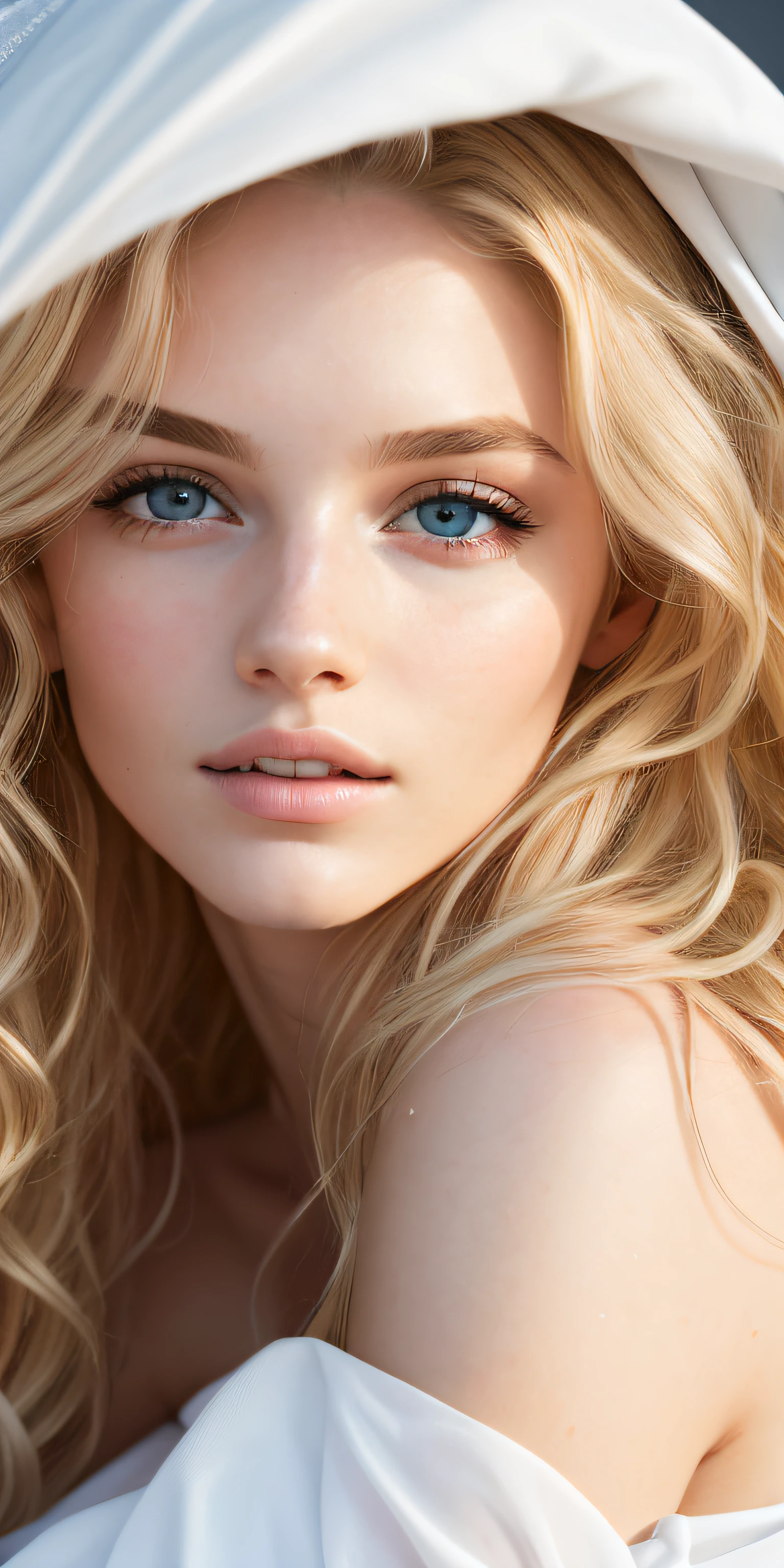 Photo of a 20-year-old European girl, raw, Beautiful woman, (Extra long wavy blonde hair), ((Portrait)), ((Detailed face:1.2)), ((detailed facial features)), (finely detailed skin), pale skin, , wrapped in a sheet, Bedroom environment, Lying on the bed, (cold color), moist, moist, Reflectors, (masutepiece) (perfectly proportions)(photos realistic)(Best Quality) (Detailed) photographed in a Canon EOS R5, 50mm Lens, F/2.8, nffsw, (8K) (Wallpaper) (Cinematic lighting) (Dramatic Lighting) (foco nítido) (Convoluted) Fashion, From above