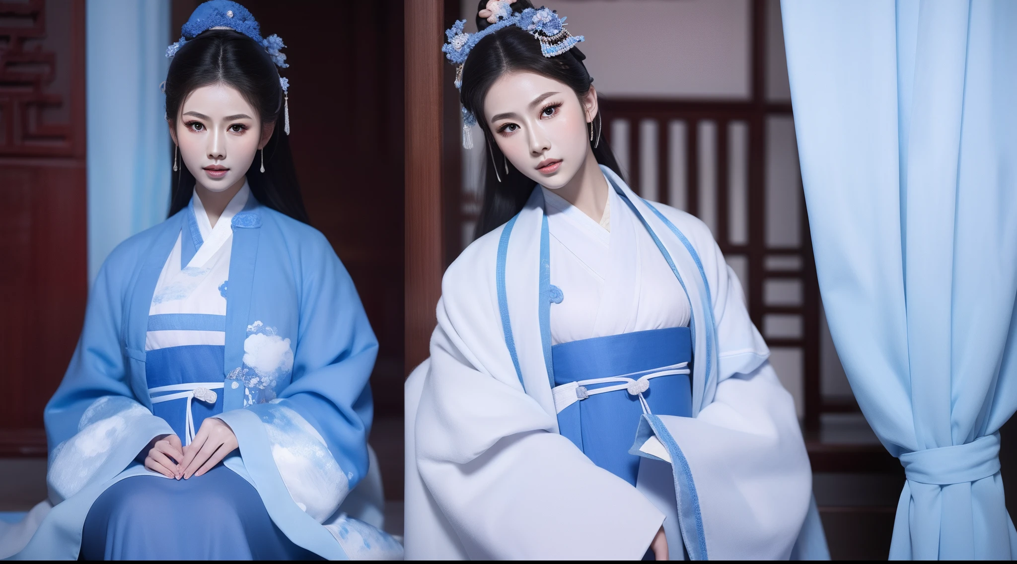 Blue and white porcelain style，Ancient Chinese clothing，The clothing is blue and white motif，ancient china art style，Fashion model 18 years old [[[[closeup cleavage]]]], [[[[boobgasm]]]], [[[[coll]]]], [[[[bshoulders]]]], perfect  eyes, Perfect iris，Perfect lips，perfect teeth，Perfect skin，with fair skin，Soft front light，hdr，Movie girl，long whitr hair，The expression was melancholy，The background is an ancient Chinese interior，4K Ultra HD, 超高分辨率, (Photorealistic: 1.4), Best quality，Masterpiece，Utra dilution，（pastel colour：1.2）