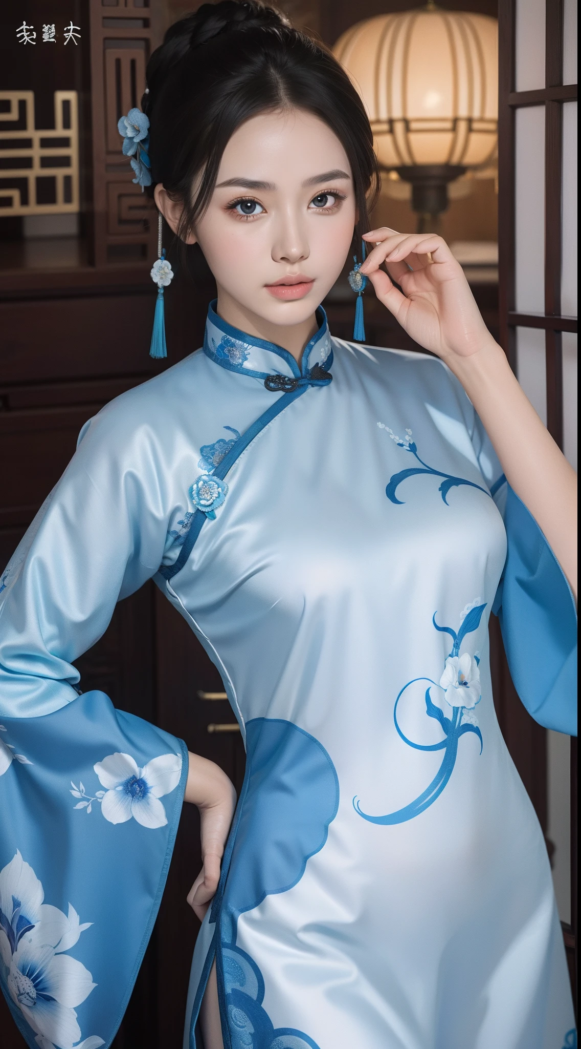 Blue and white porcelain style，China Cheongsam，The cheongsam is decorated with a blue and white pattern，ancient china art style，Fashion model 18 years old [[[[closeup cleavage]]]], [[[[boobgasm]]]], [[[[coll]]]], [[[[bshoulders]]]], perfect  eyes, Perfect iris，Perfect lips，perfect teeth，Perfect skin，with fair skin，Soft front light，hdr，Movie girl，The expression was melancholy，The background is an ancient Chinese interior，blue flowers，4K Ultra HD, 超高分辨率, (Photorealistic: 1.4), Best quality，Masterpiece，Utra dilution，（pastel colour：1.2）