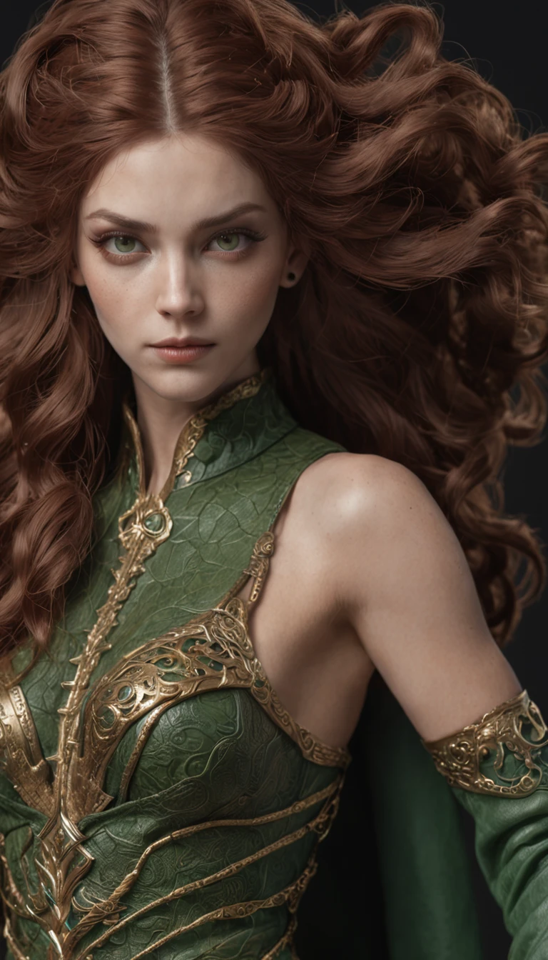 ((best quality)), ((masterpiece)), ((realistic)), Medusa, full body, the hair is composed of countless small snakes, green eyes, female face, metal carved top, royal aura, trend on artstation , sharp focus, studio photo, intricate detail, very detailed, detailed eye, illustration, very detailed, sharp focus, digital render, professional, 4k