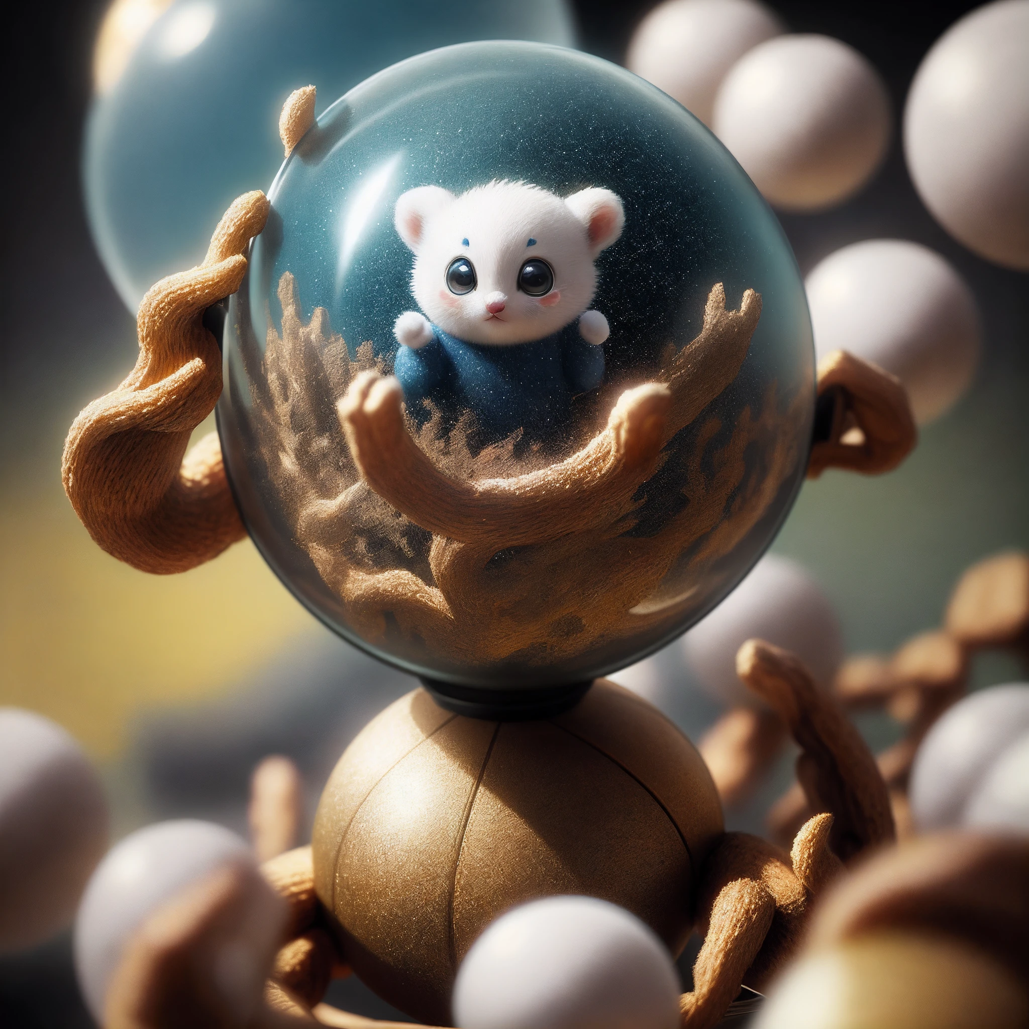 A cute creature with facial features on a sphere and limbs,glittery, highly detailed, rendering by octane, Realistic photography, cinema shot, dynamic compositions, Sharpen, A detailed, profesional lighting, cinmatic lighting, 35mm, deformation, downy, Light room, cinematic photogtaphy, bokeh, Lens glare, filmgrain