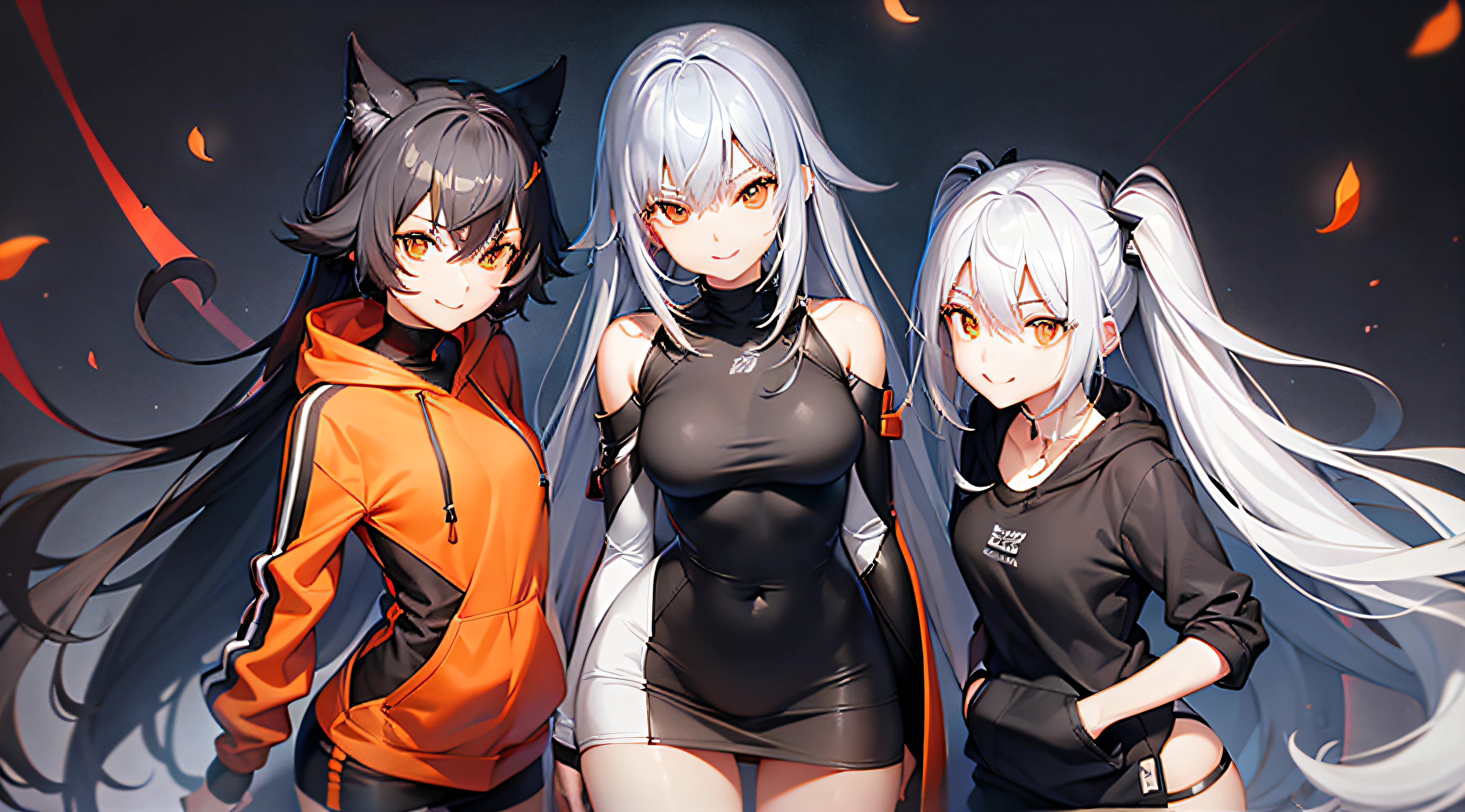 in detail、In more detail、Gray hair、Women in Their 20s、From head to toe、Orange hoodie on the upper body、Lower body is black miniskirt、Soft skin、A smile、slender、All petals in the background