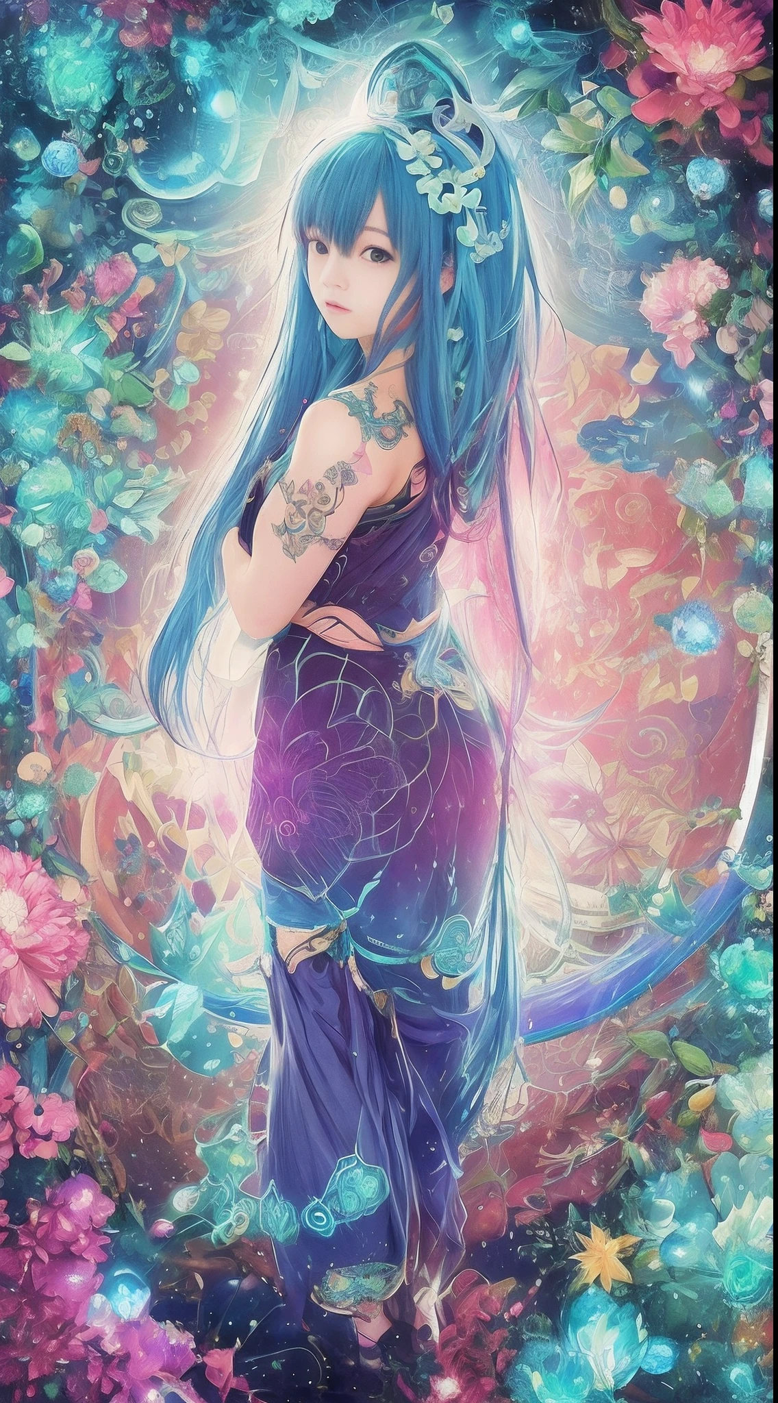 intense、Blue Mandala Shahua、Generate text describing Arianna's paintings。Her work is full of passionate colors and unique shapes.、Grab the viewer's heart and keep them going.。Her work is like emotions and thoughts projected on a canvas.、Deeply impresses the viewer。In particular, please write in the image of her masterpiece.。