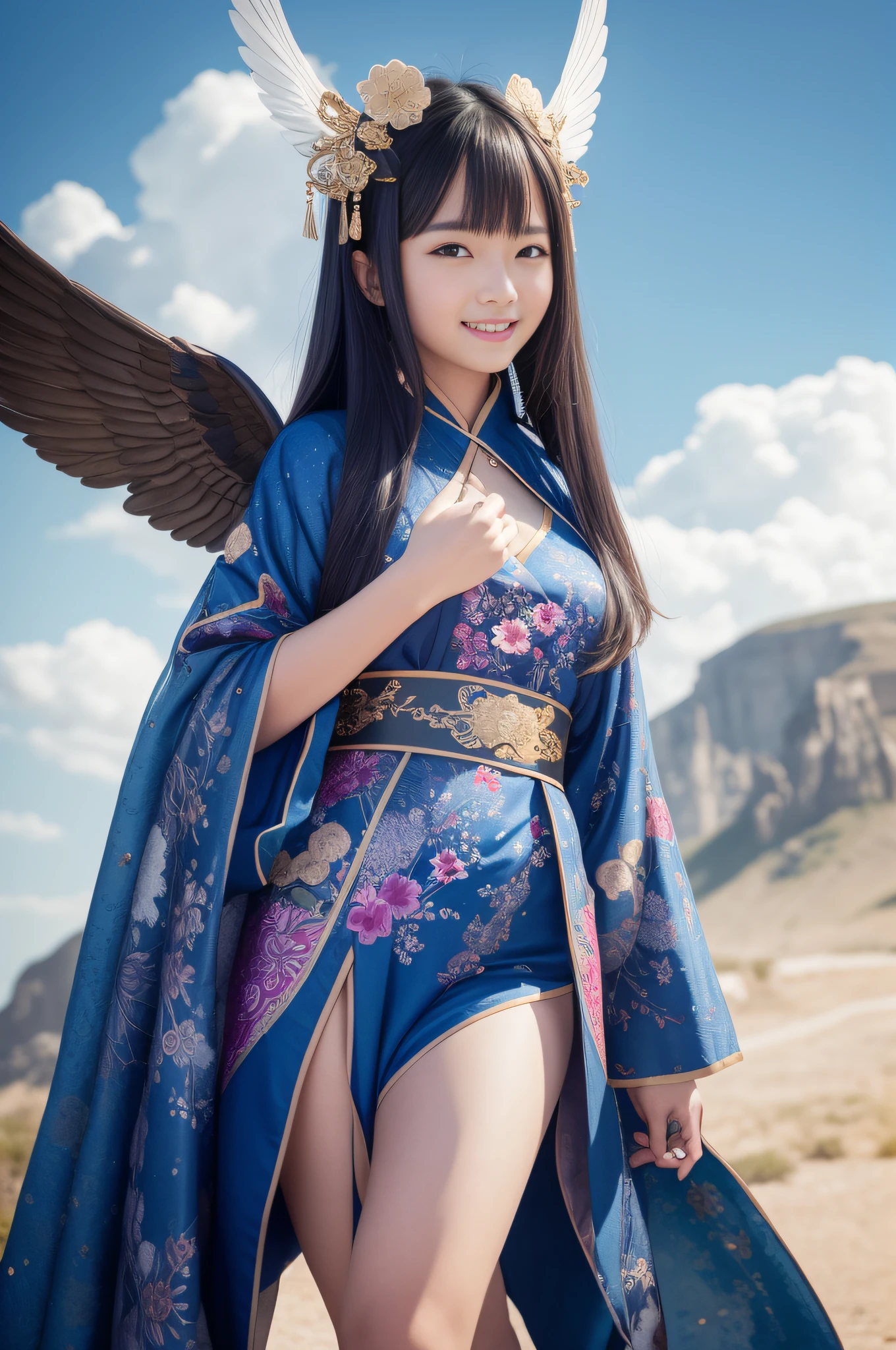 8K，RAW photos，tmasterpiece：1.3，best qualtiy，realisticlying，hight contrast，（s fractal art：1.5），1girll，Chinese immortals，dynamic angle，There are beautiful wings on the back，Gorgeous headdress，Dressed in Hanfu，Rich in patterns，Wearing a lot of accessories，Not sexy，cute smiling，The background is a beautiful wonderland，facing at camera，